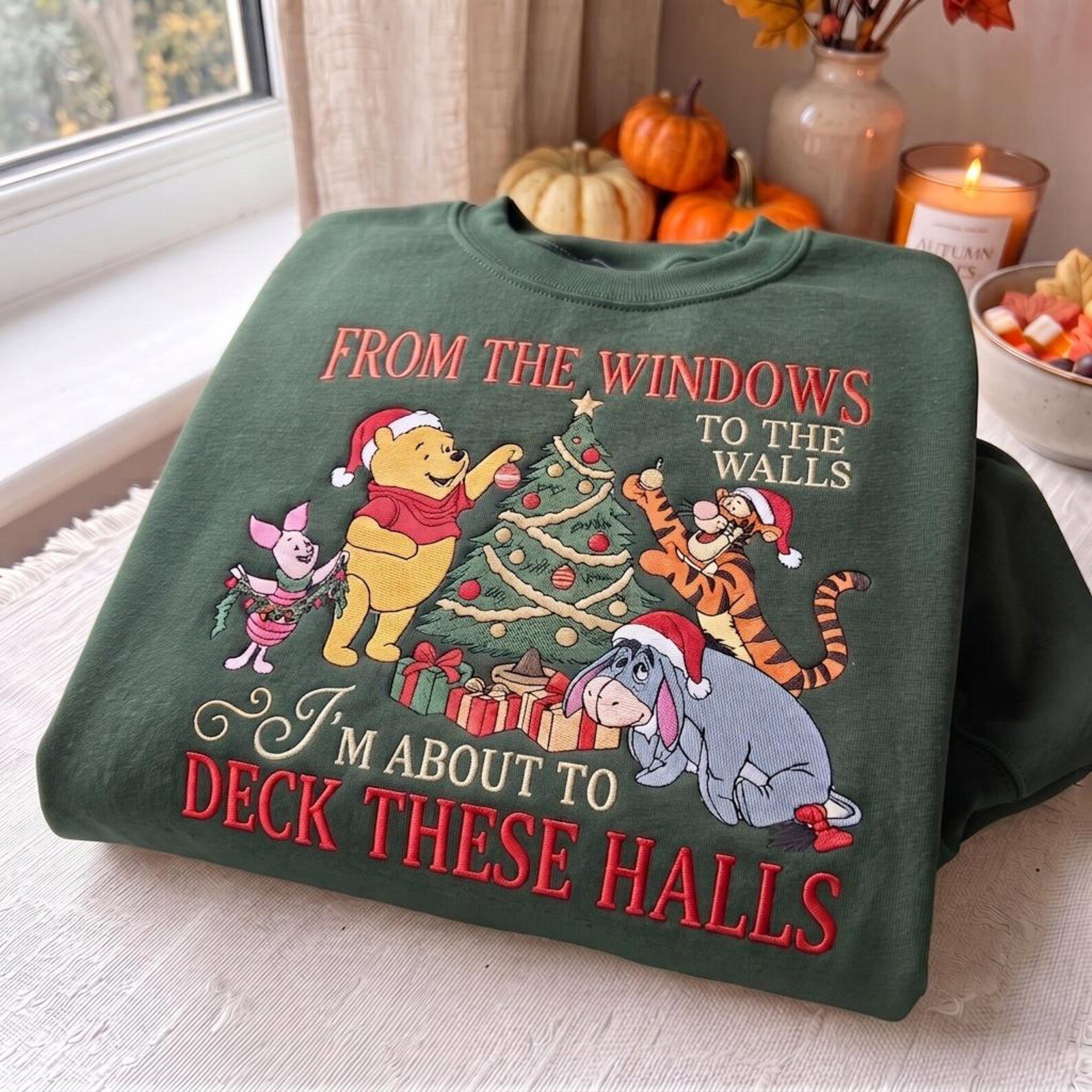Pooh Friends Christmas Sweatshirt, Embroidered Winnie the Pooh Tigger Eeyore Piglet Holiday Sweater, Deck These Halls Shirt 1