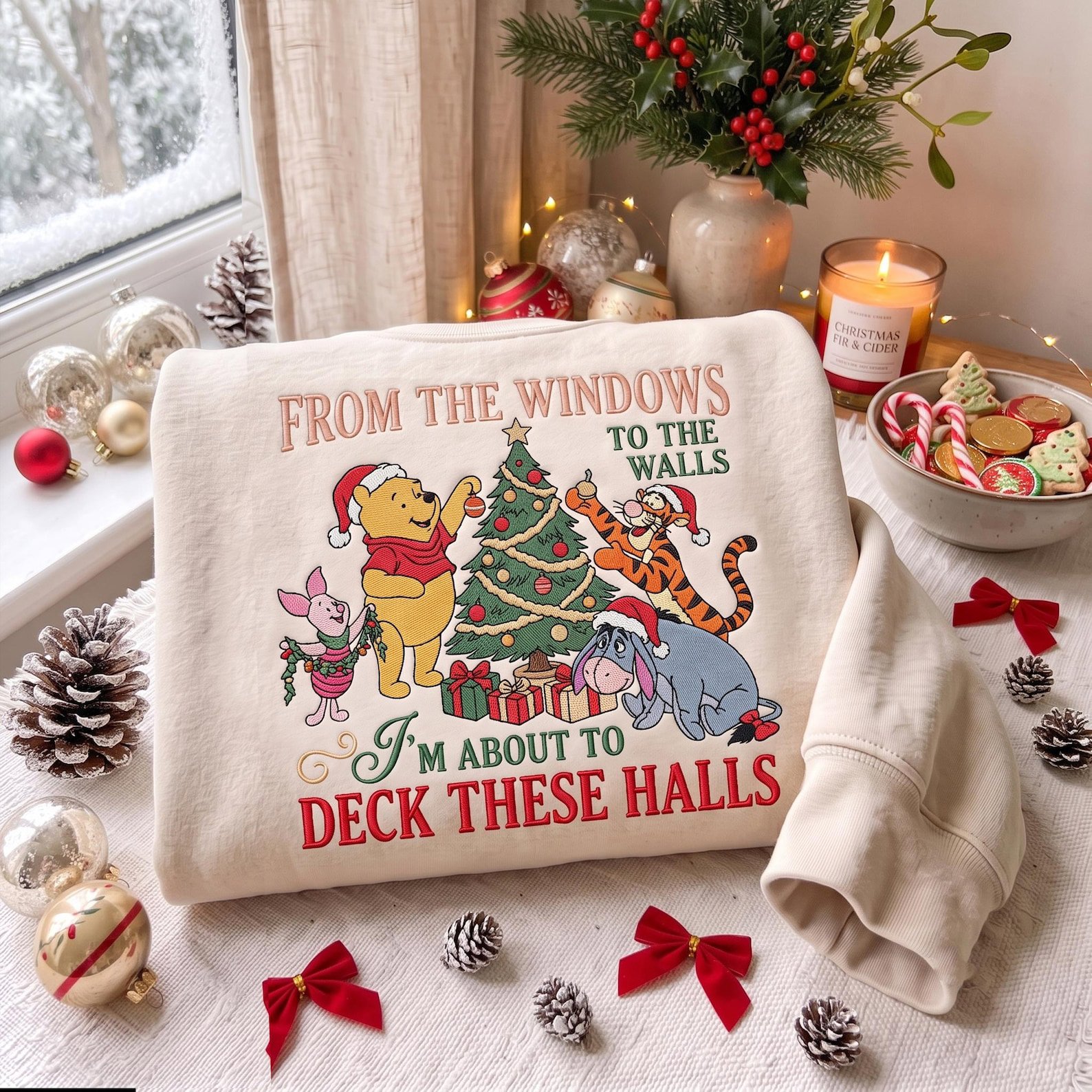 Pooh Friends Christmas Sweatshirt, Embroidered Winnie the Pooh Tigger Eeyore Piglet Holiday Sweater, Deck These Halls Shirt 2