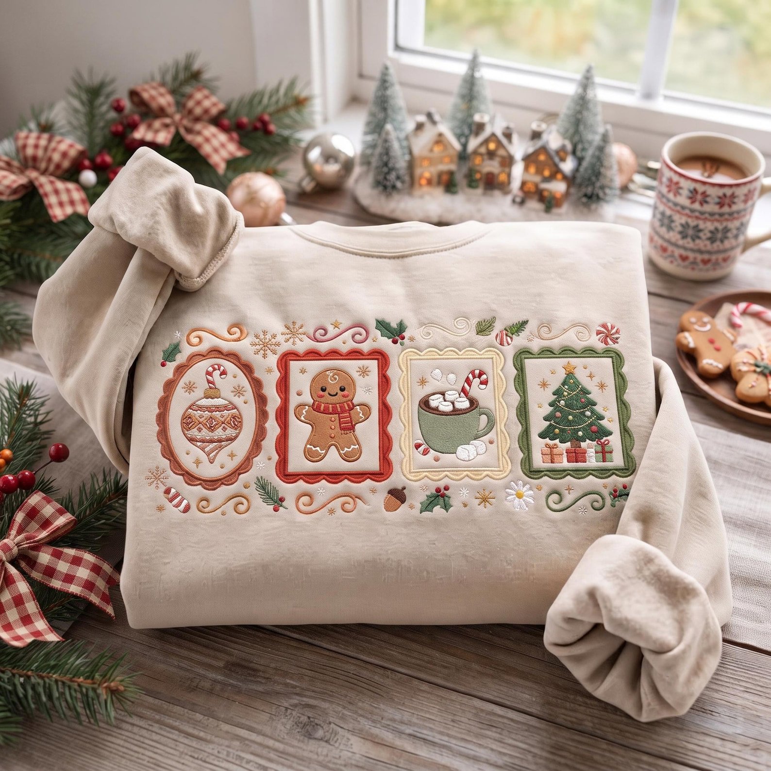 Christmas Icons Embroidered Sweatshirt, Vintage Ornament Gingerbread Hot Cocoa Tree Crewneck, Festive Holiday Pullover Gift 1