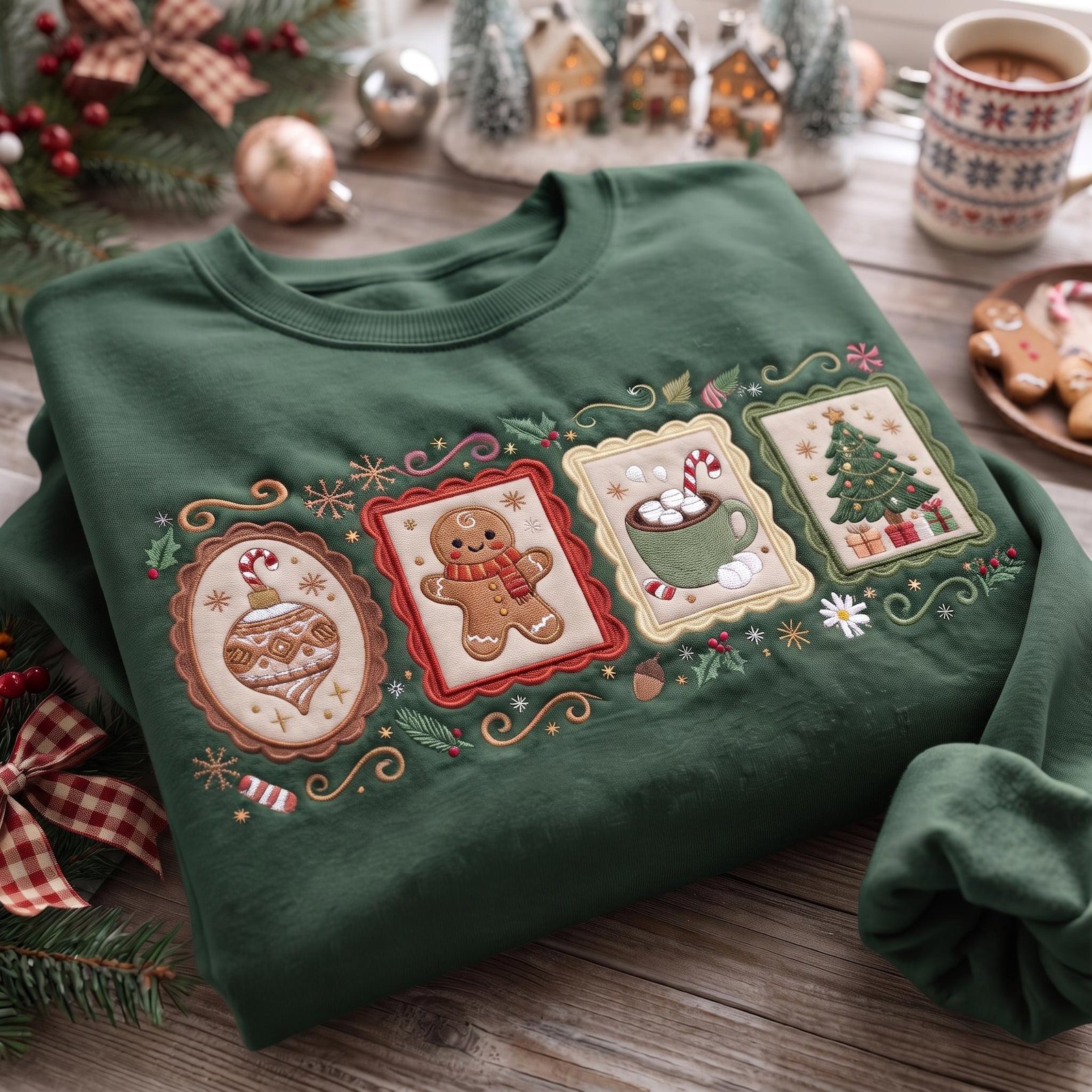 Christmas Icons Embroidered Sweatshirt, Vintage Ornament Gingerbread Hot Cocoa Tree Crewneck, Festive Holiday Pullover Gift 4