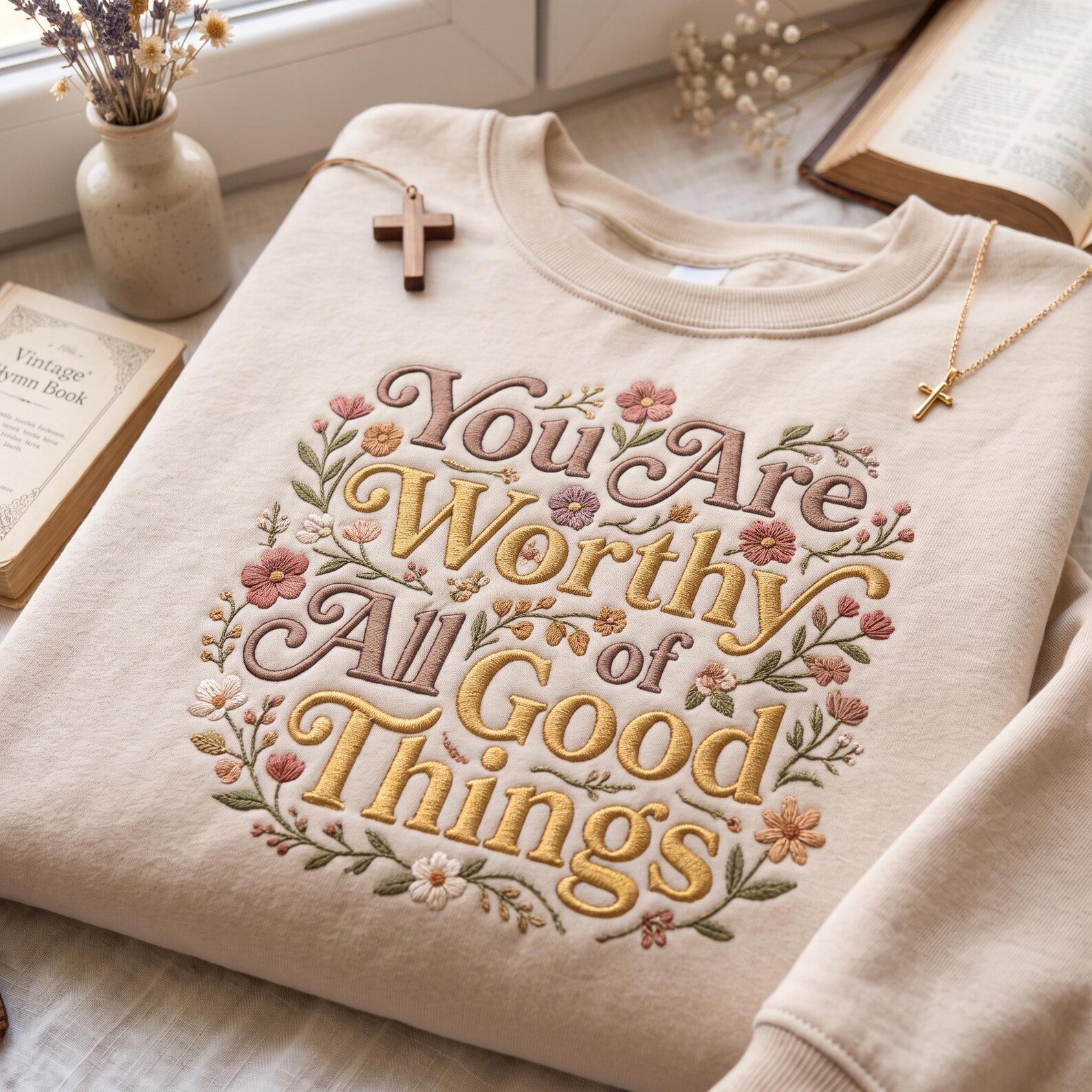 You Are Worthy Embroidered Sweatshirt, Floral Christian Crewneck, Positive Faith Based Inspirational Gift for Her 1