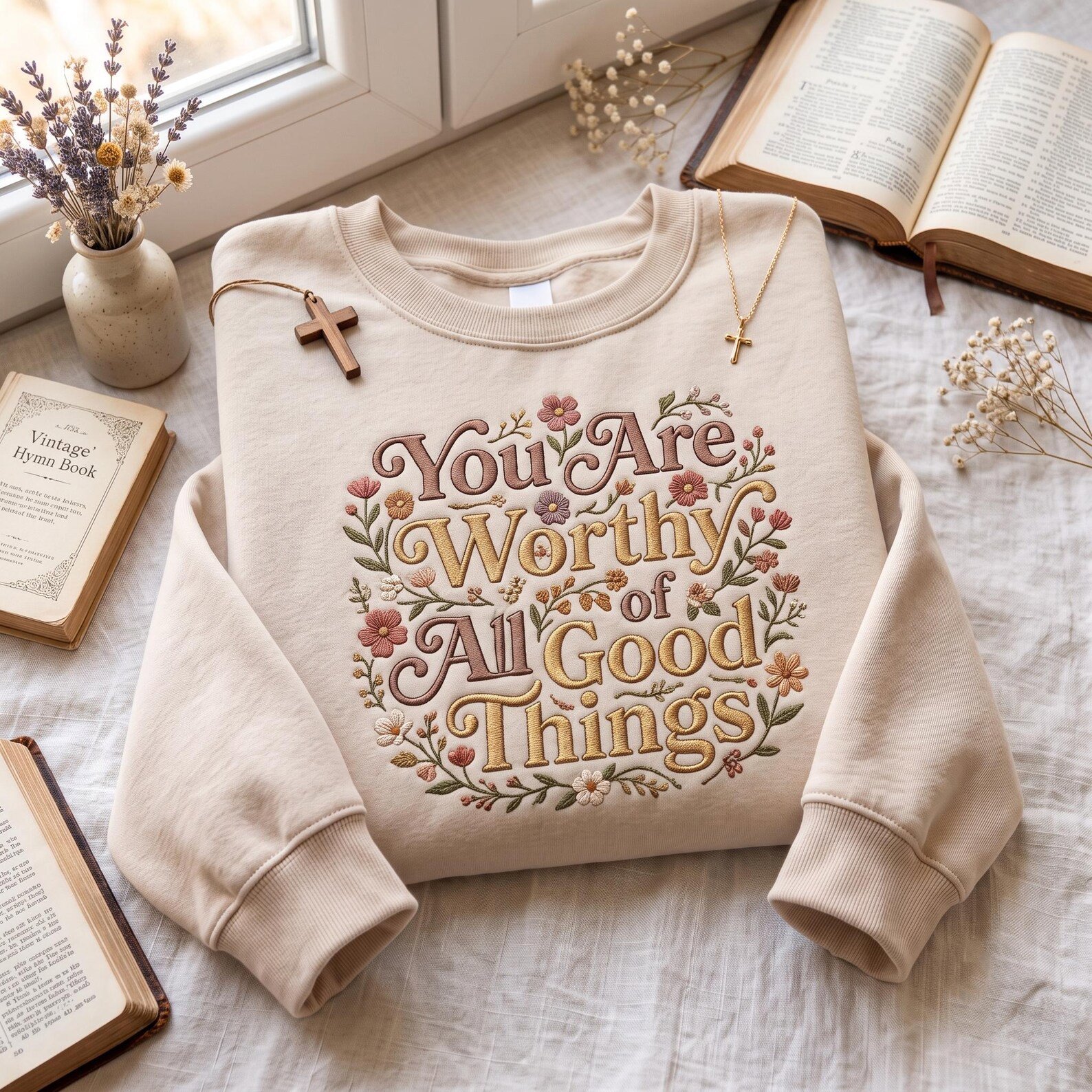 You Are Worthy Embroidered Sweatshirt, Floral Christian Crewneck, Positive Faith Based Inspirational Gift for Her 4