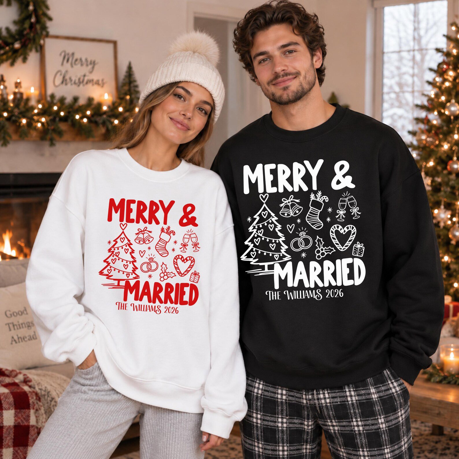 Merry And Married Shirt, Custom Last Name Christmas Couple Tee, Newlywed Holiday Graphic Sweatshirt 2