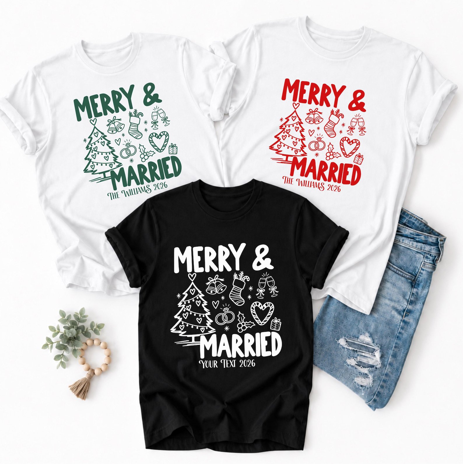 Merry And Married Shirt, Custom Last Name Christmas Couple Tee, Newlywed Holiday Graphic Sweatshirt 1