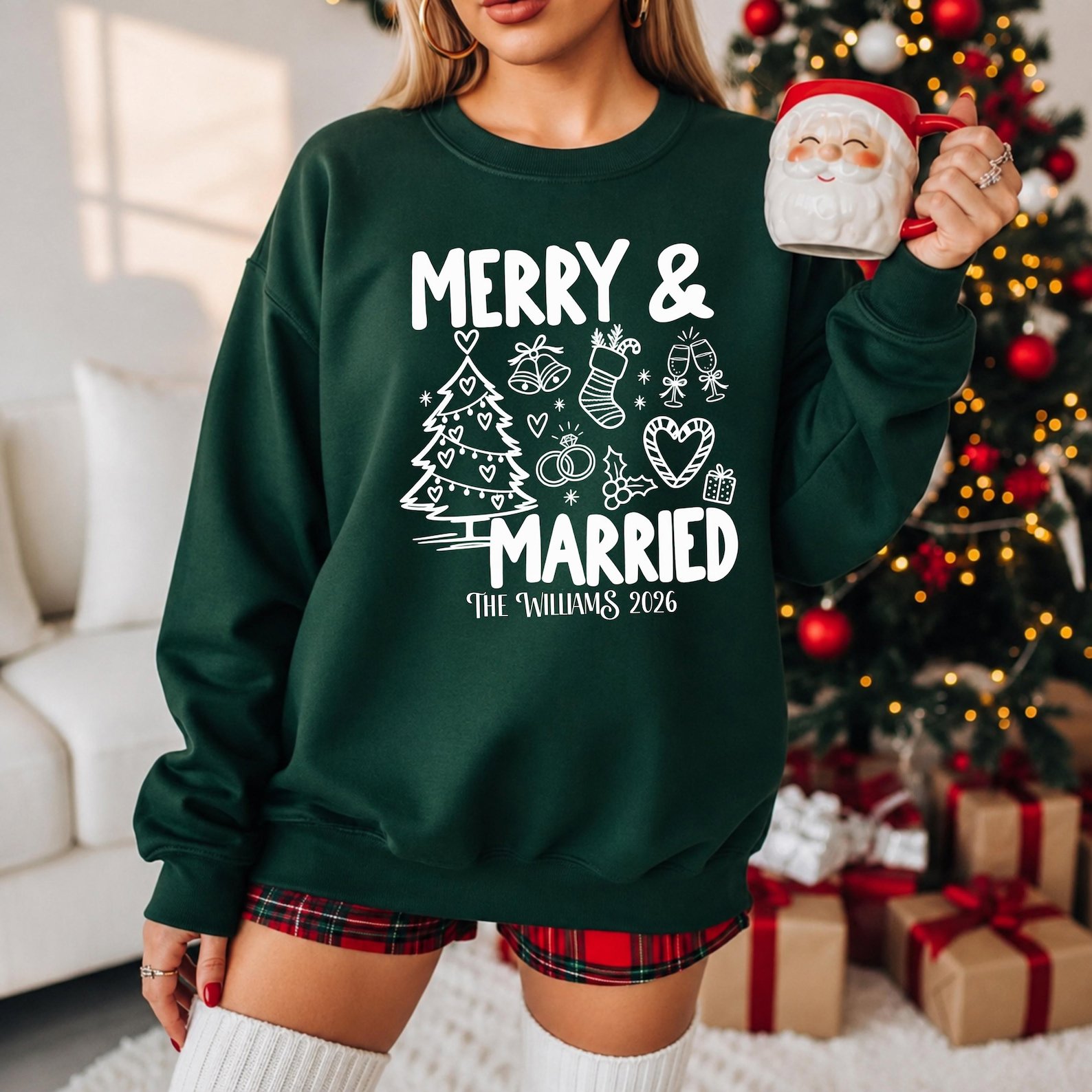 Merry And Married Shirt, Custom Last Name Christmas Couple Tee, Newlywed Holiday Graphic Sweatshirt 3