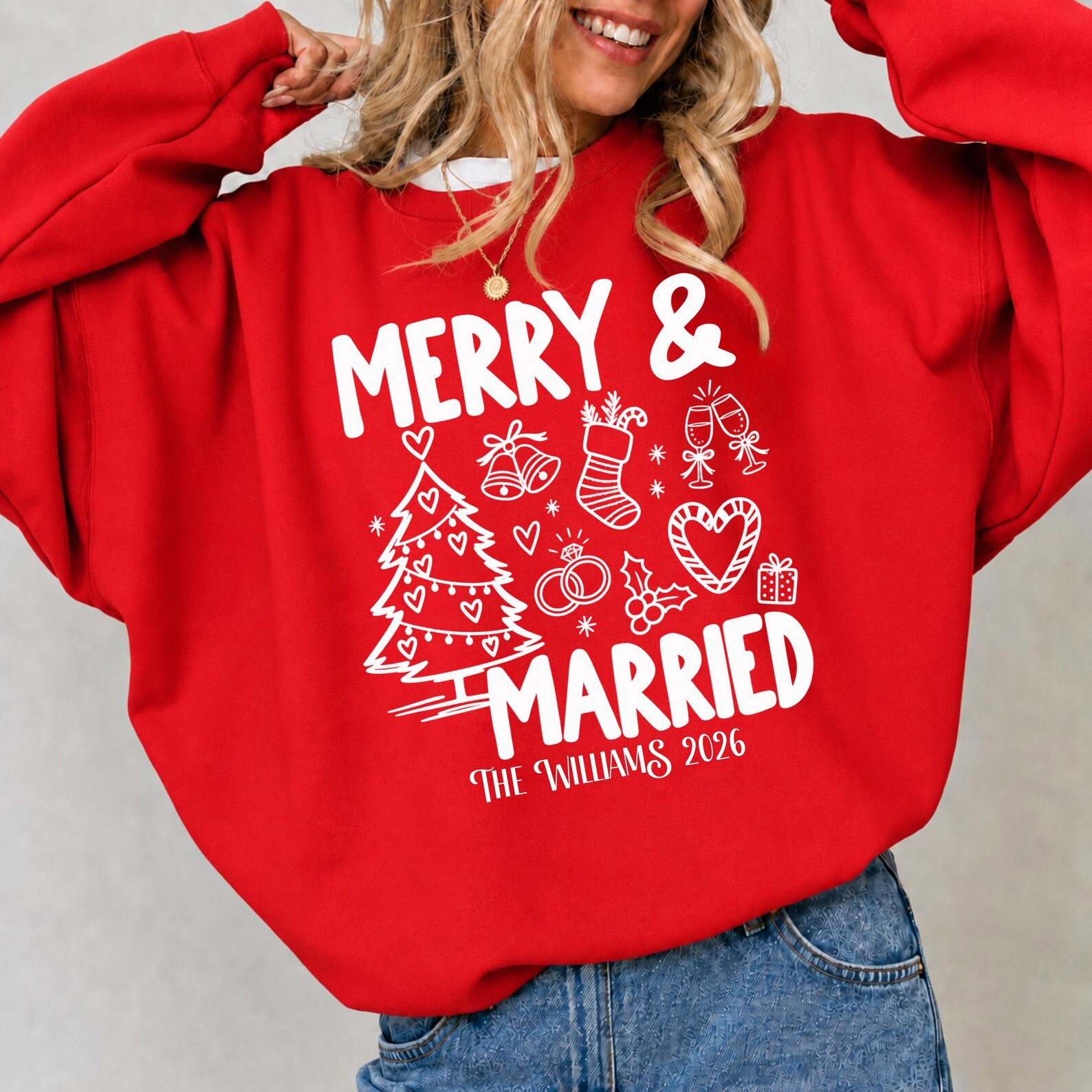 Merry And Married Shirt, Custom Last Name Christmas Couple Tee, Newlywed Holiday Graphic Sweatshirt 5