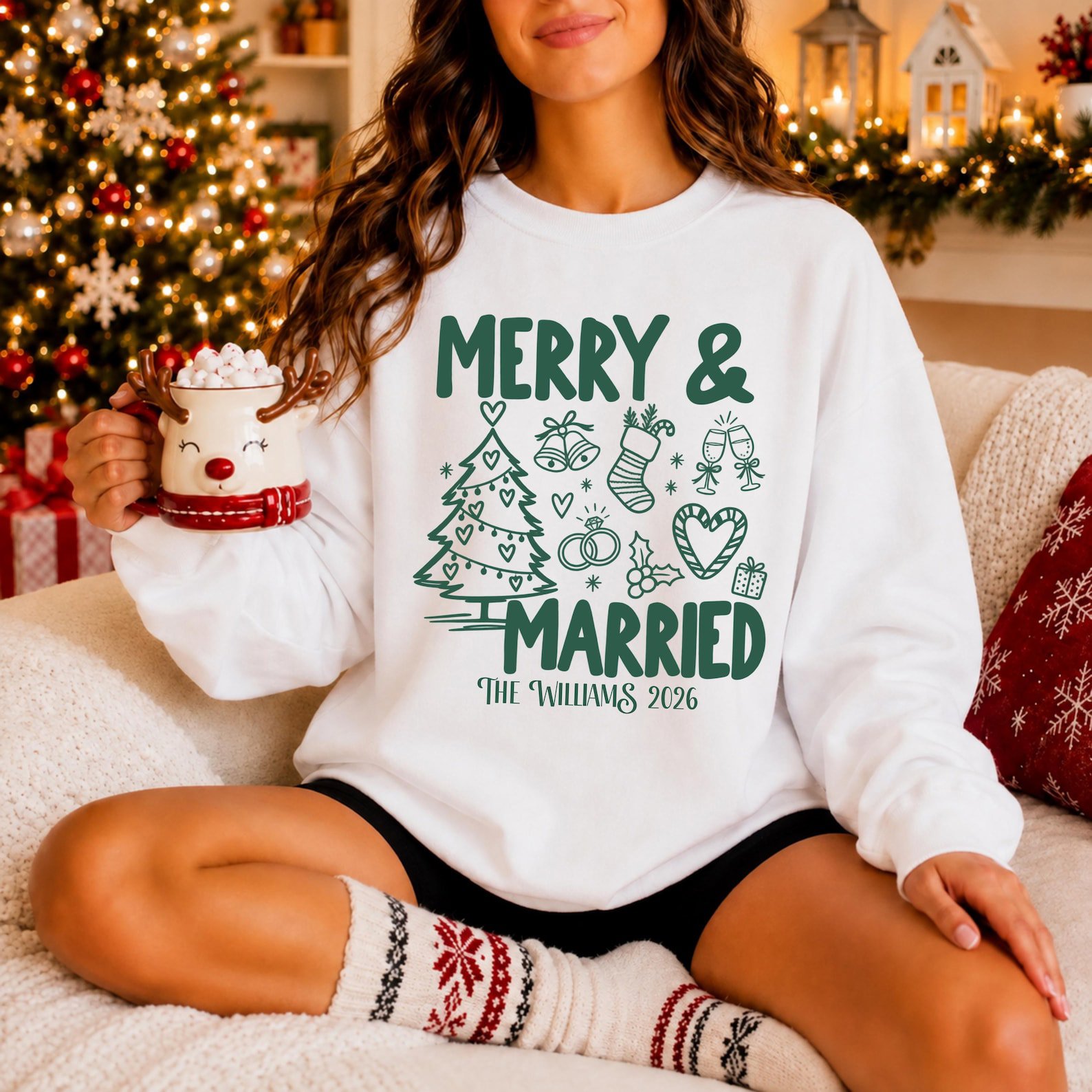 Merry And Married Shirt, Custom Last Name Christmas Couple Tee, Newlywed Holiday Graphic Sweatshirt 6