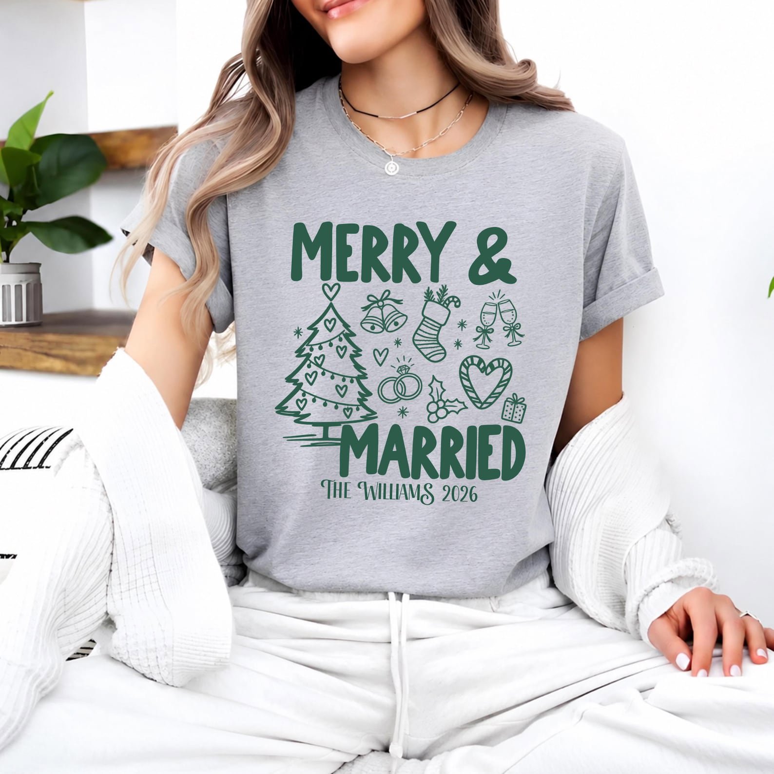 Merry And Married Shirt, Custom Last Name Christmas Couple Tee, Newlywed Holiday Graphic Sweatshirt 8