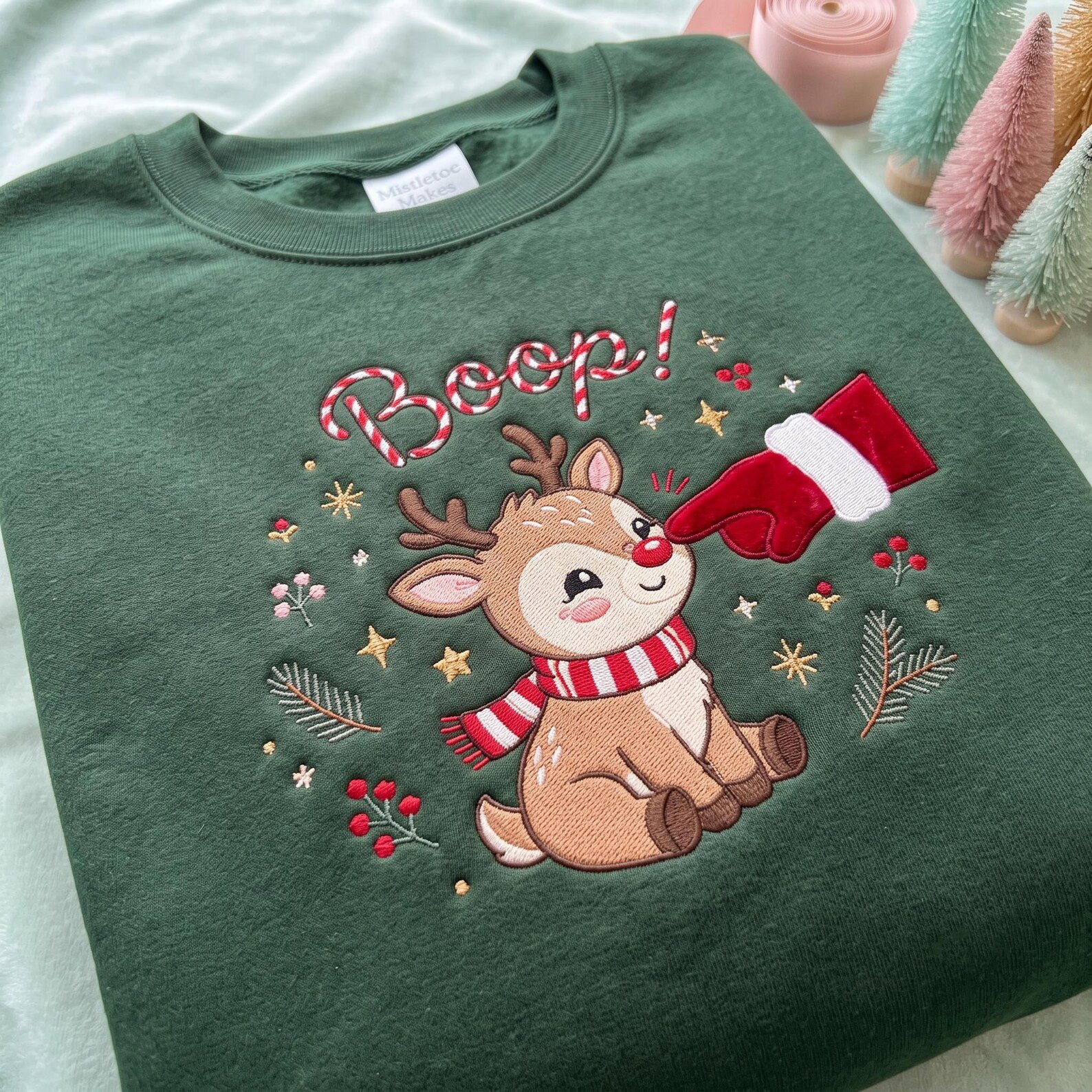 Cute Boop Reindeer Embroidered Sweatshirt, Funny Christmas Crewneck, Rudolph Reindeer Holiday Sweater, Xmas Gift 2