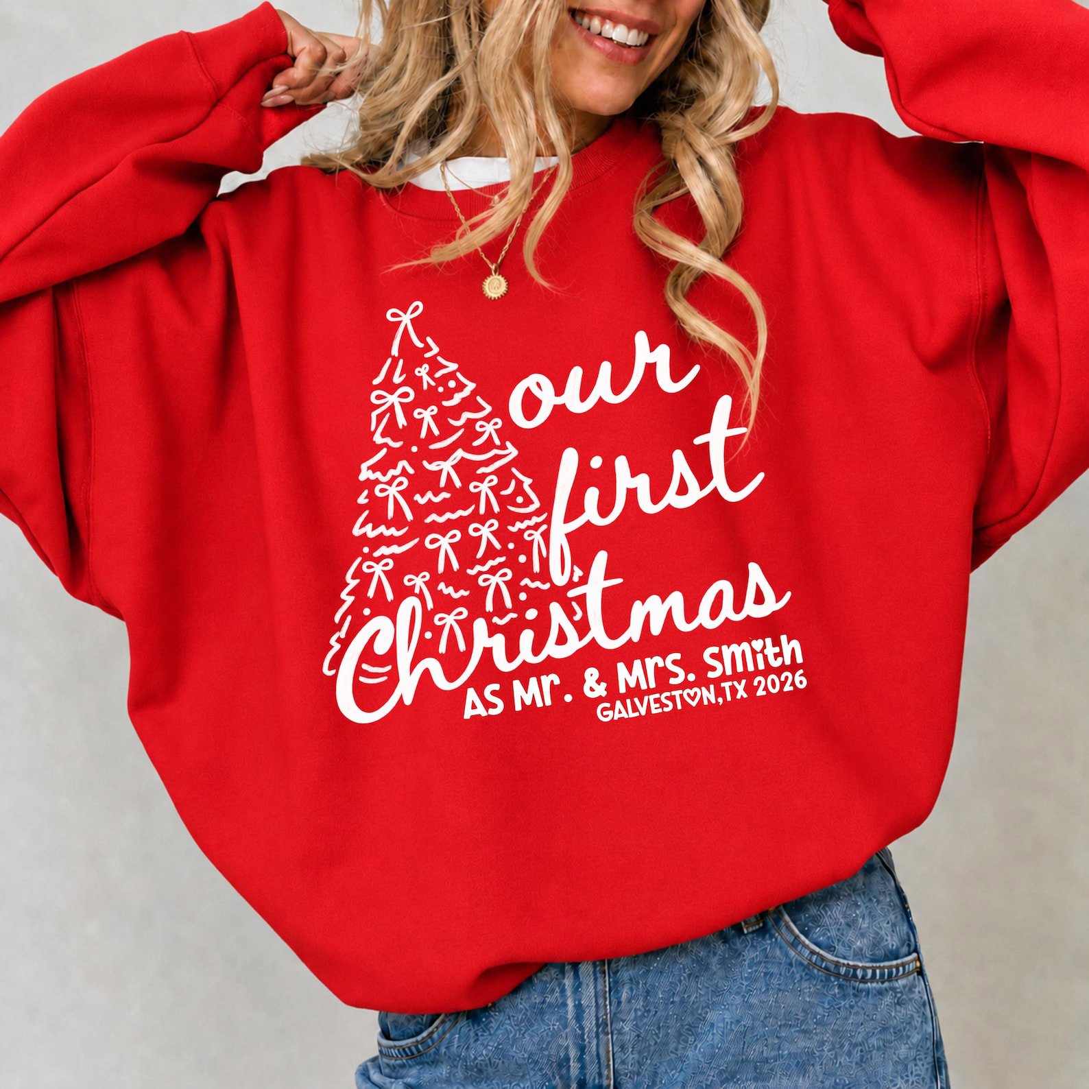 Our First Christmas Sweatshirt, Custom Couple Matching Xmas Shirt, Newlywed Holiday Tee 3