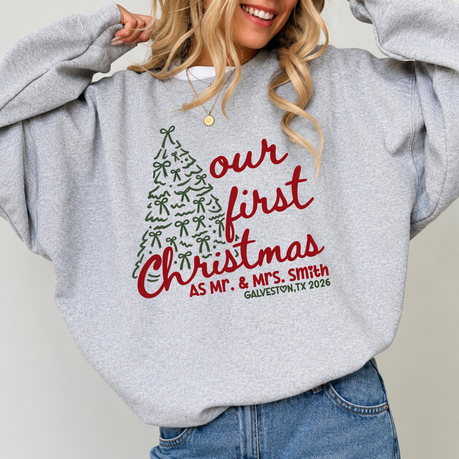 Our First Christmas Sweatshirt, Custom Couple Matching Xmas Shirt, Newlywed Holiday Tee 7