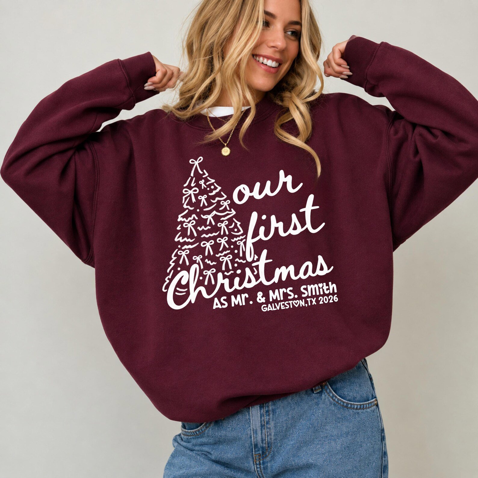 Our First Christmas Sweatshirt, Custom Couple Matching Xmas Shirt, Newlywed Holiday Tee 9