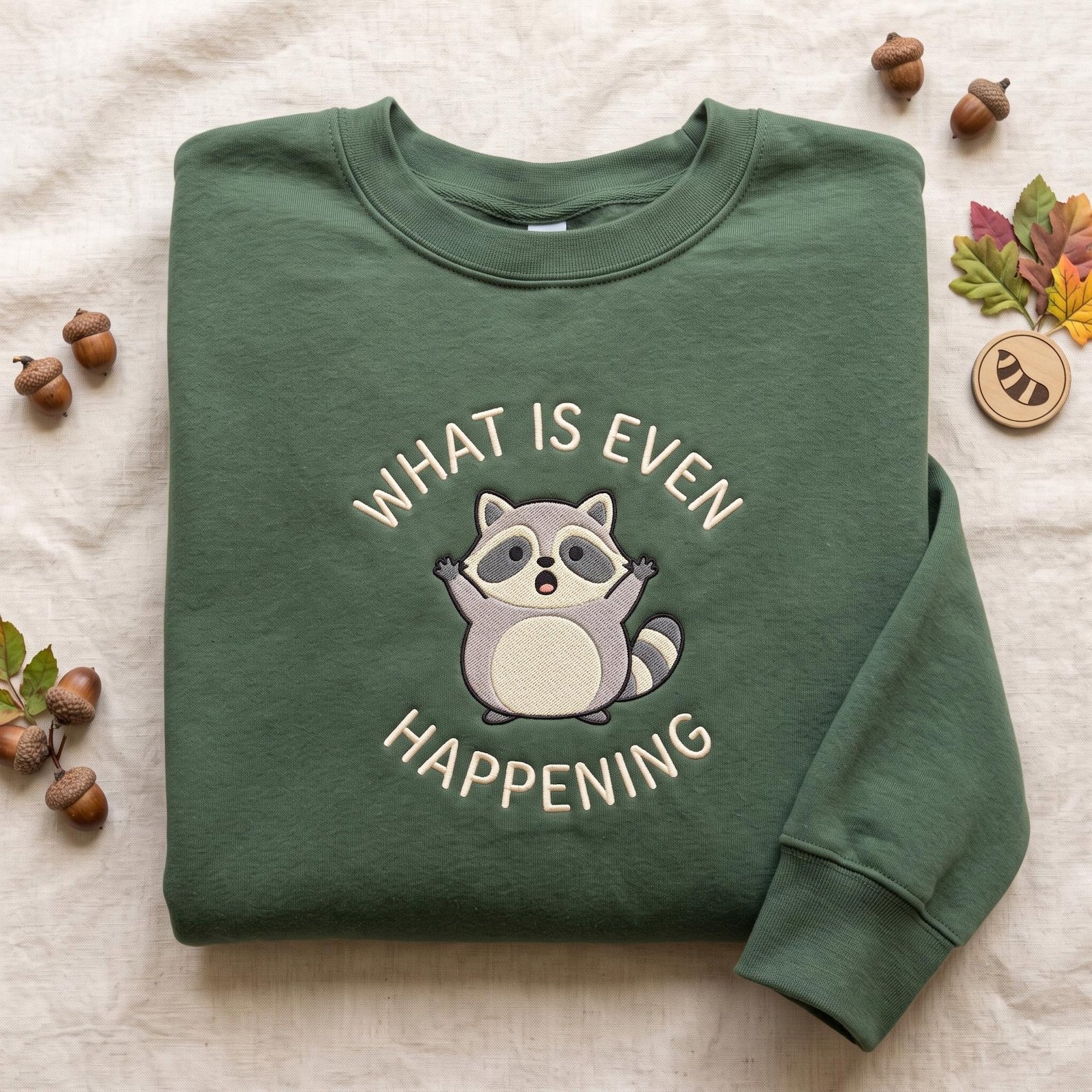 Funny Raccoon Embroidered Sweatshirt, What Is Even Happening Crewneck, Cute Woodland Animal Humor Gift 2
