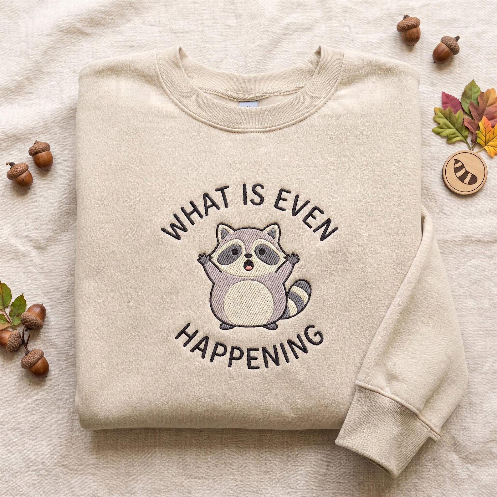 Funny Raccoon Embroidered Sweatshirt, What Is Even Happening Crewneck, Cute Woodland Animal Humor Gift 4