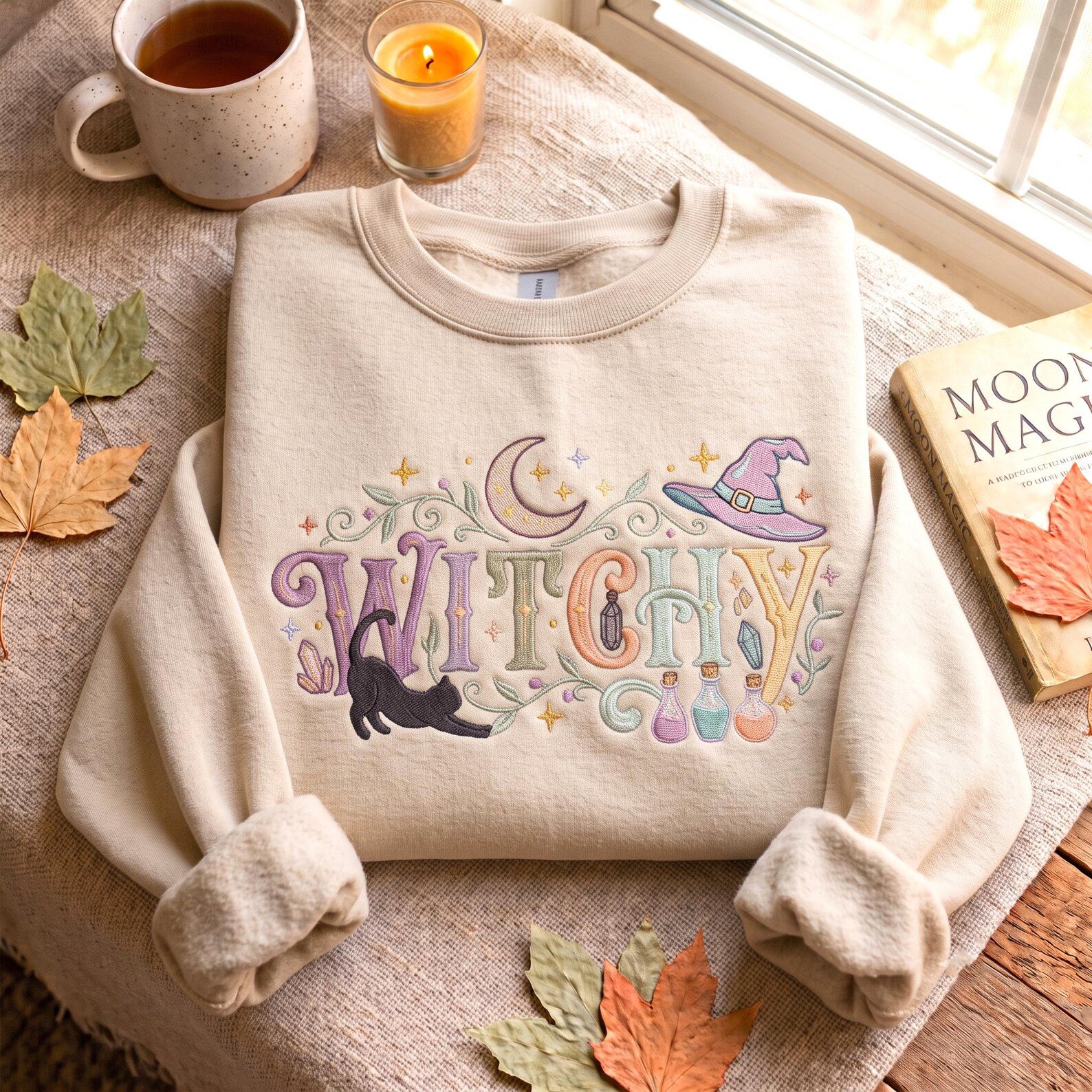 Spooky Witch Embroidered Sweatshirt, Cozy Spooky Season Shirt, Witchy Halloween Crewneck, Black Cat and Potion Shirt, Gift for Witchy Fans 2