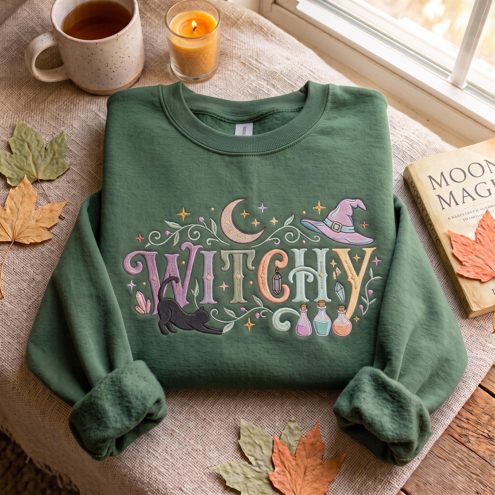 Spooky Witch Embroidered Sweatshirt, Cozy Spooky Season Shirt, Witchy Halloween Crewneck, Black Cat and Potion Shirt, Gift for Witchy Fans 1