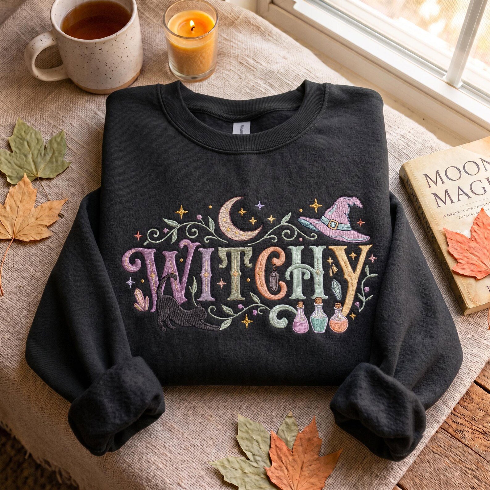 Spooky Witch Embroidered Sweatshirt, Cozy Spooky Season Shirt, Witchy Halloween Crewneck, Black Cat and Potion Shirt, Gift for Witchy Fans 3