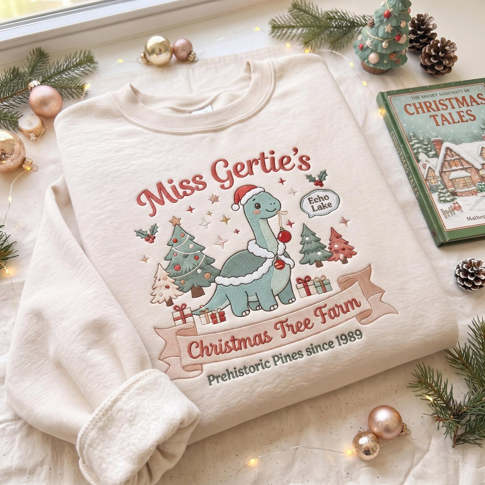 Echo Lake Christmas Dinosaur Sweatshirt, Miss Gertie’s Embroidered Crewneck, Prehistoric Pines Christmas Tree Farm Gift 1