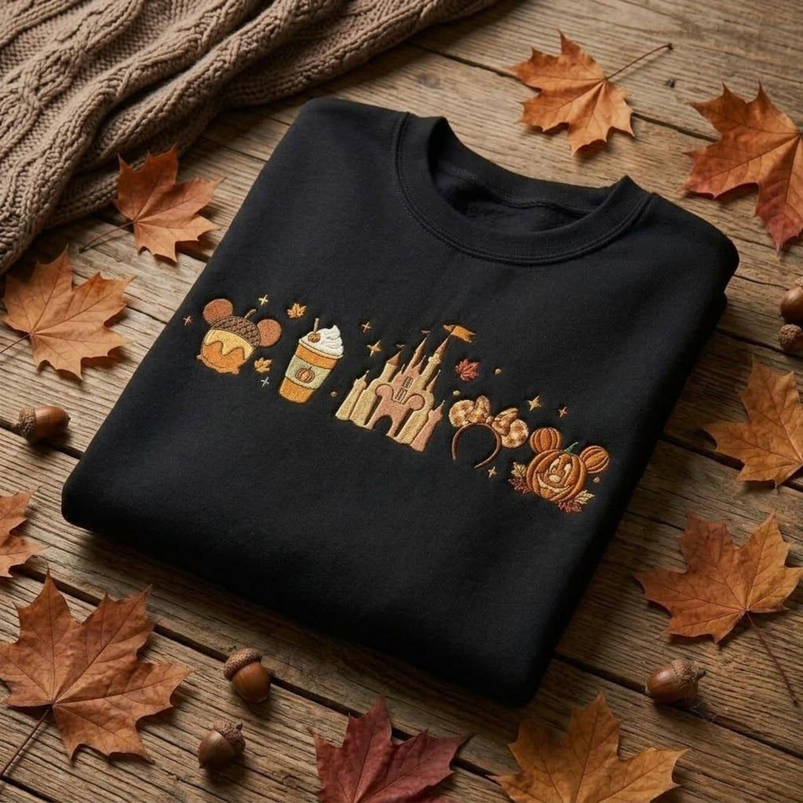 Autumn Magic Park Embroidered Sweatshirt, Cozy Castle Pumpkin Coffee Crewneck, Fall Vacation Gift for Theme Park Fans and Families 1