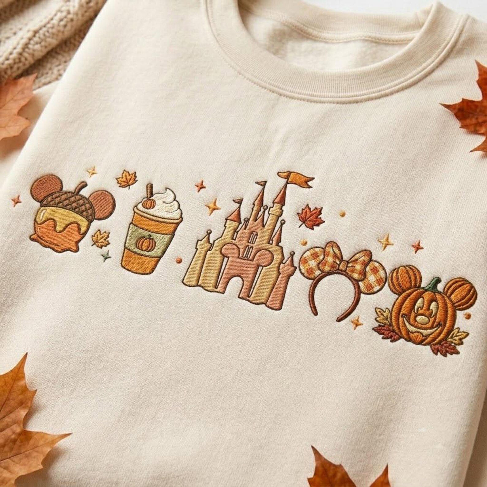 Autumn Magic Park Embroidered Sweatshirt, Cozy Castle Pumpkin Coffee Crewneck, Fall Vacation Gift for Theme Park Fans and Families 2