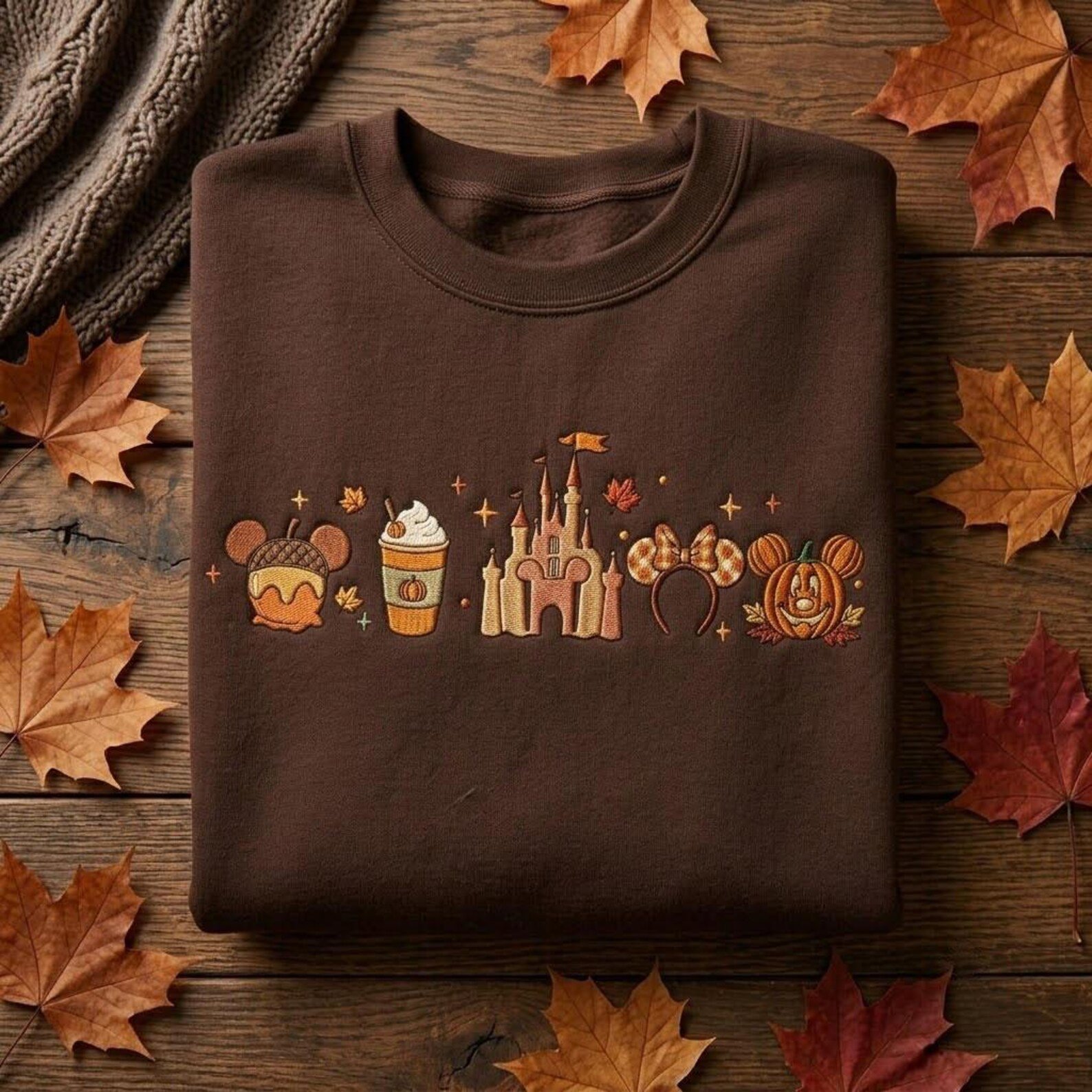 Autumn Magic Park Embroidered Sweatshirt, Cozy Castle Pumpkin Coffee Crewneck, Fall Vacation Gift for Theme Park Fans and Families 3