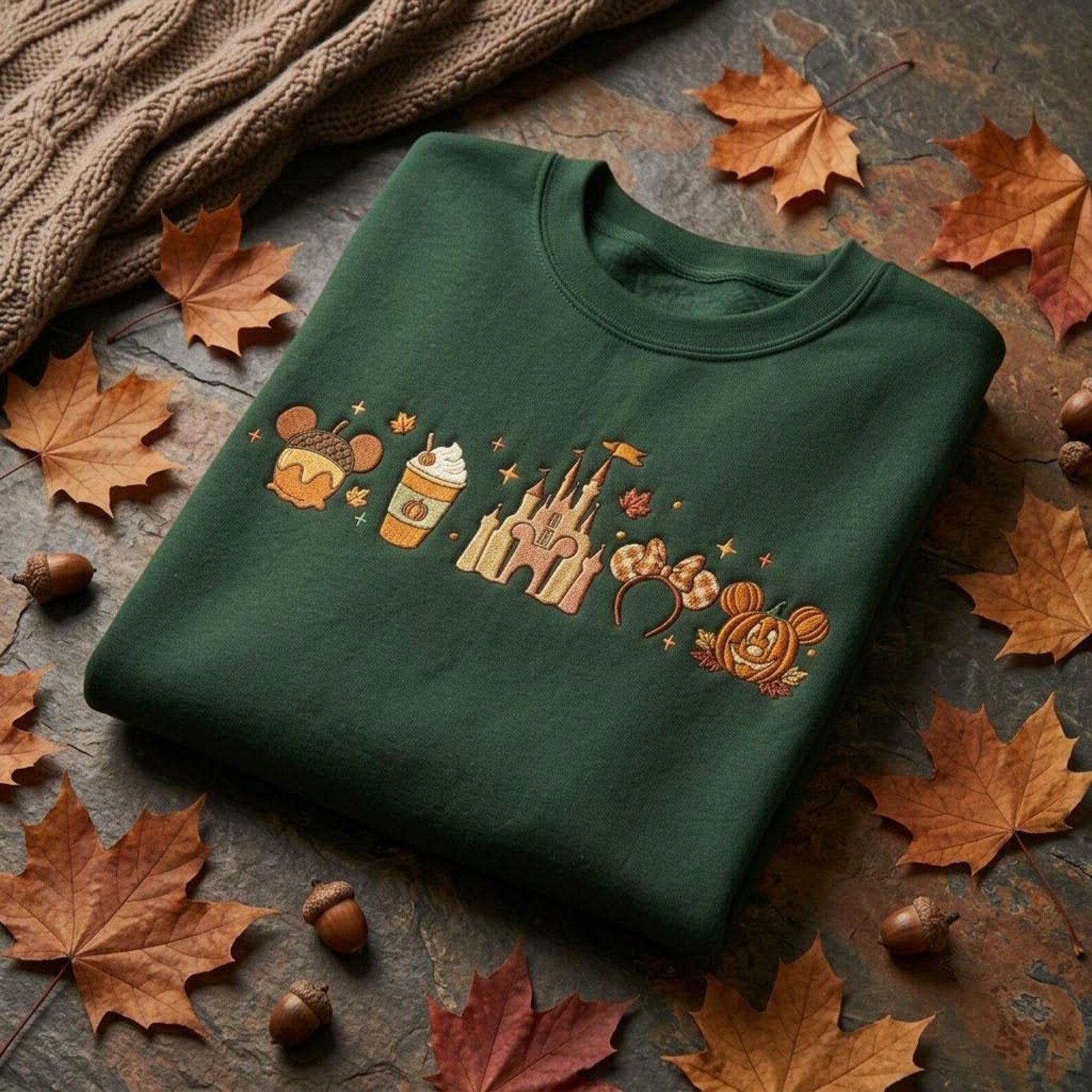 Autumn Magic Park Embroidered Sweatshirt, Cozy Castle Pumpkin Coffee Crewneck, Fall Vacation Gift for Theme Park Fans and Families 4