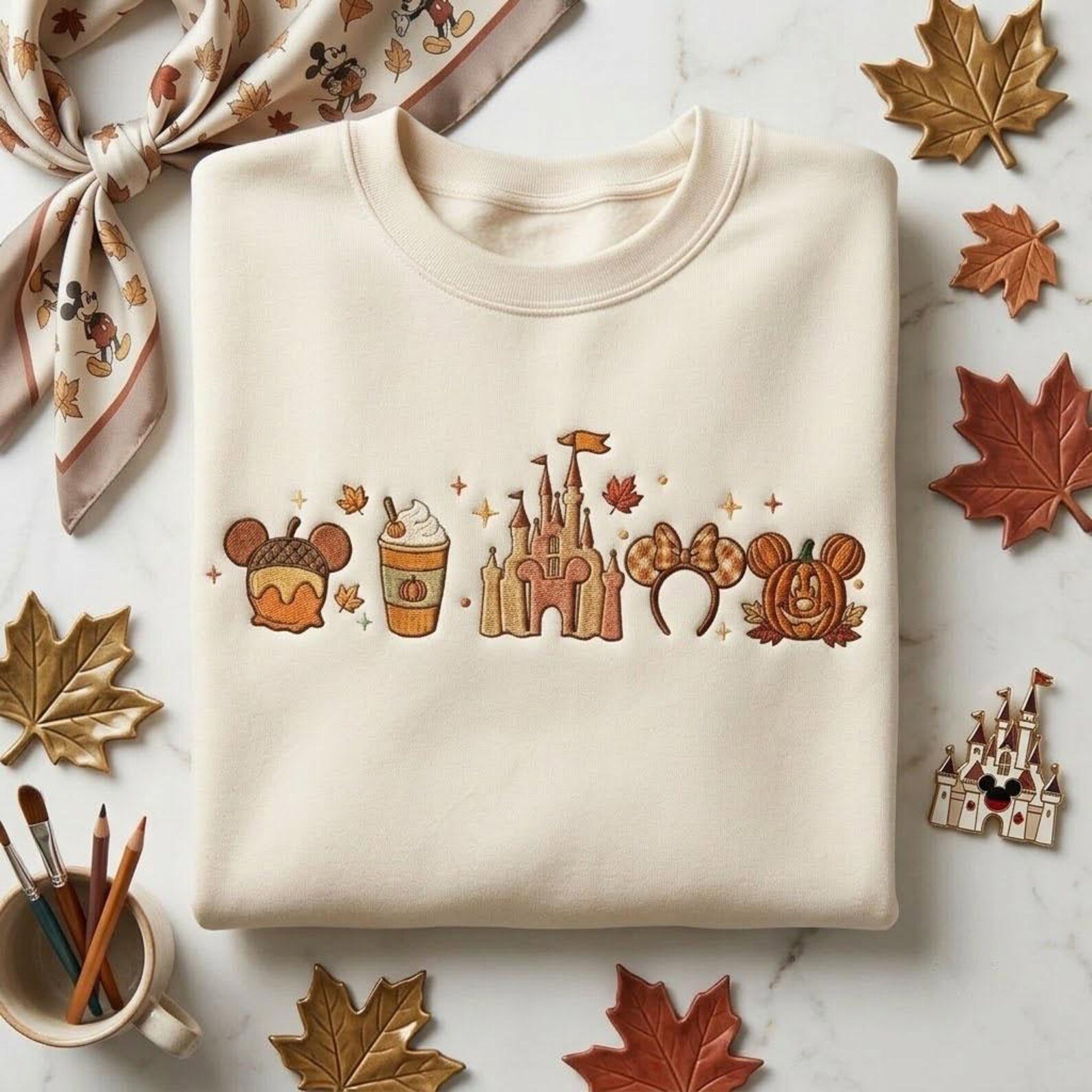 Autumn Magic Park Embroidered Sweatshirt, Cozy Castle Pumpkin Coffee Crewneck, Fall Vacation Gift for Theme Park Fans and Families 5