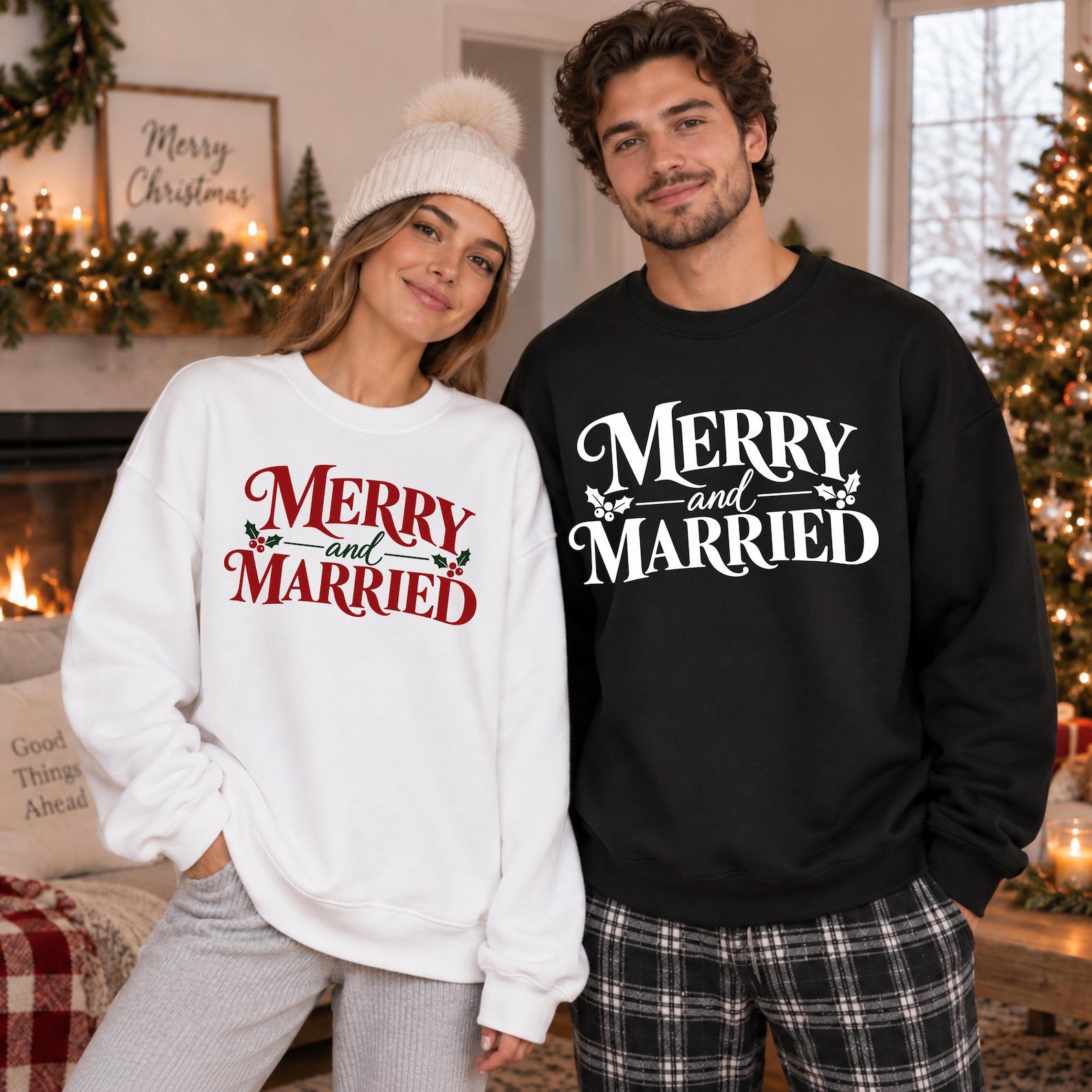 Merry And Married Sweatshirt, Custom Couple Christmas Shirt, Newlywed Xmas Matching Outfit 2