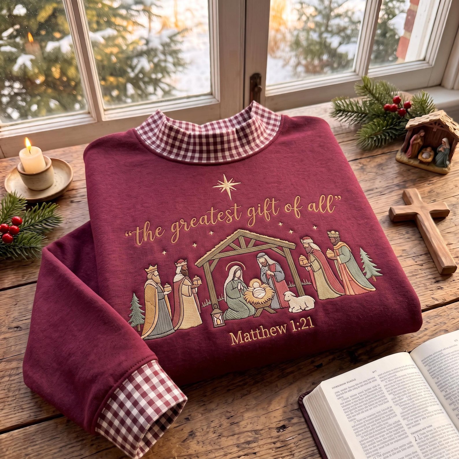 hristian Nativity Mock Neck Sweatshirt, The Greatest Gift of All Embroidered Christmas Crewneck, Jesus Faith Based Gift 4