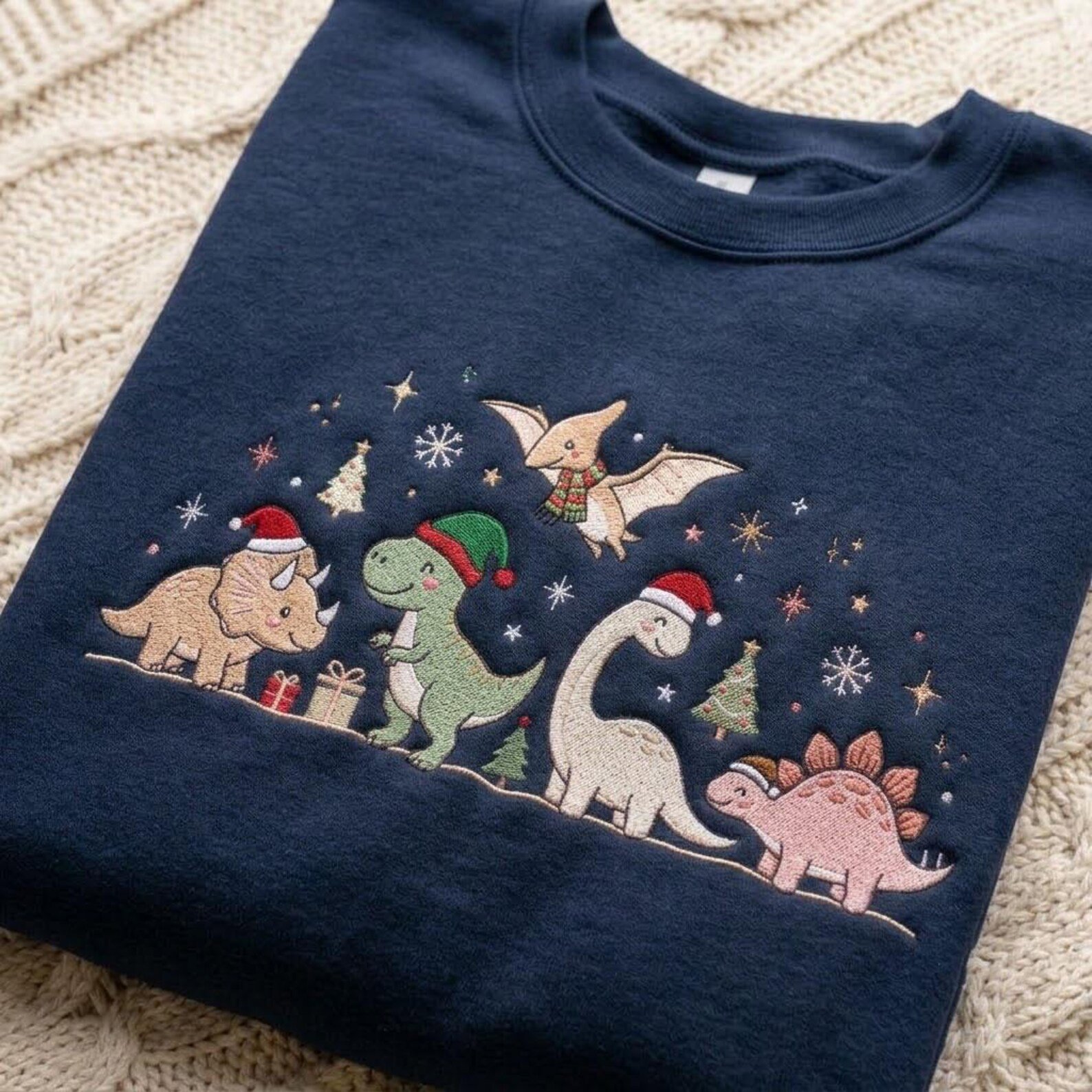 Pastel Christmas Dinosaur Embroidered Sweatshirt, Cute T Rex Stegosaurus Holiday Crewneck, Dinosaur Christmas Gift 1
