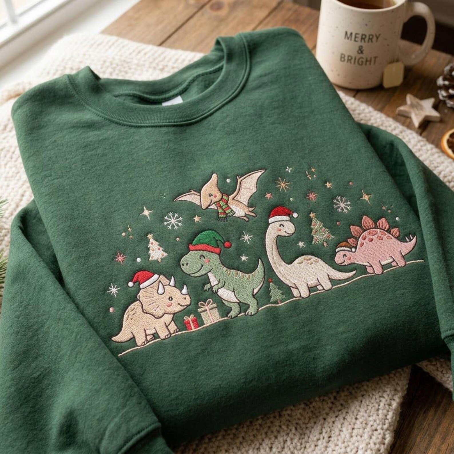 Pastel Christmas Dinosaur Embroidered Sweatshirt, Cute T Rex Stegosaurus Holiday Crewneck, Dinosaur Christmas Gift 3