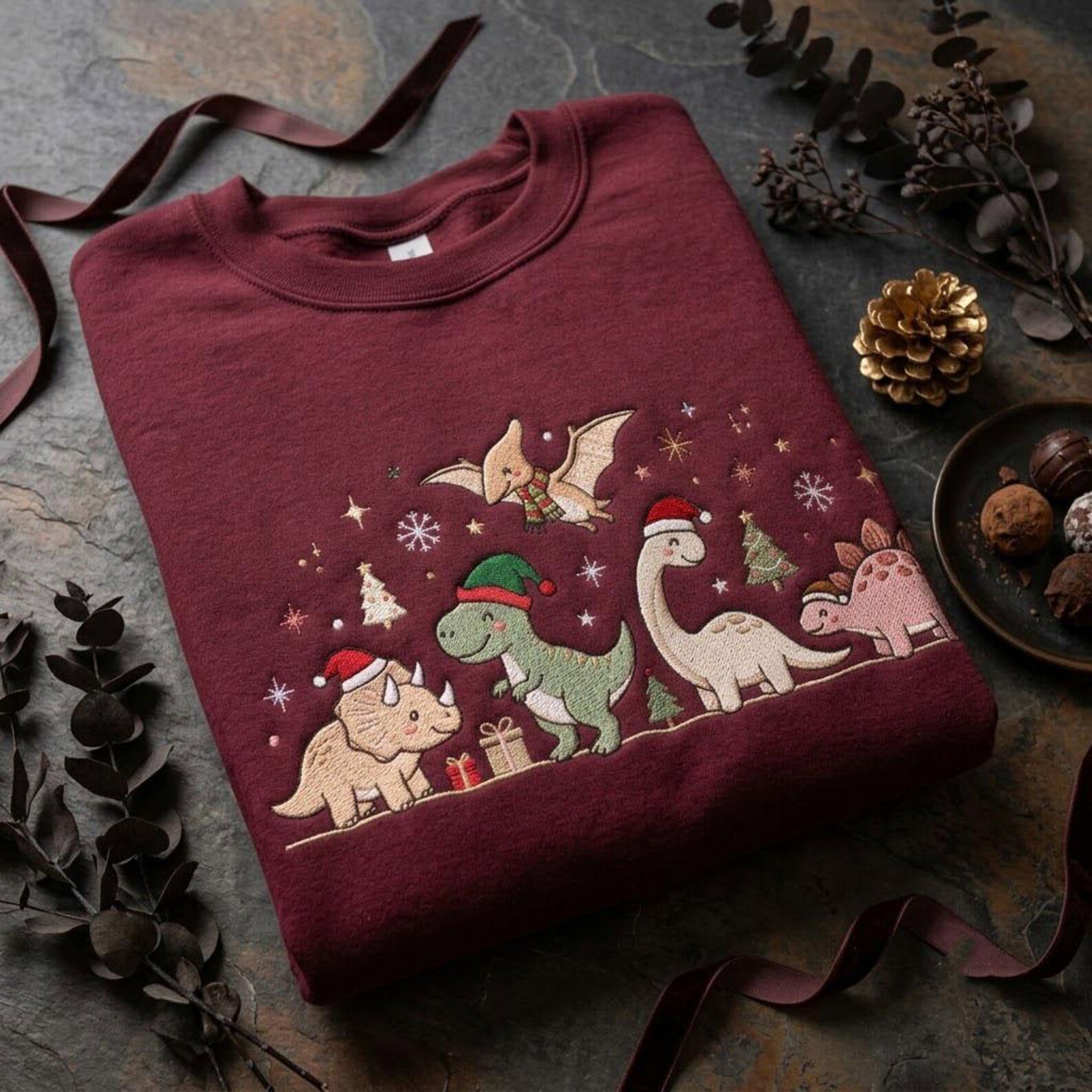 Pastel Christmas Dinosaur Embroidered Sweatshirt, Cute T Rex Stegosaurus Holiday Crewneck, Dinosaur Christmas Gift 2