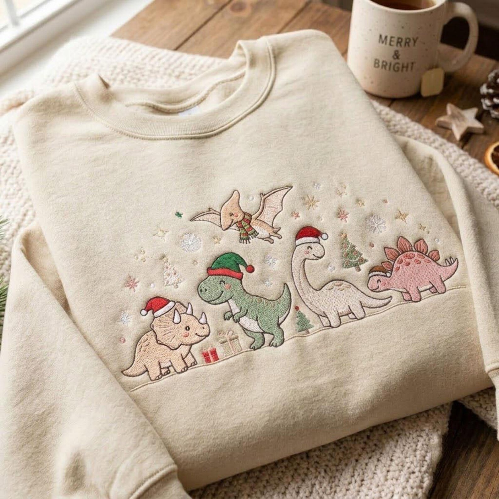Pastel Christmas Dinosaur Embroidered Sweatshirt, Cute T Rex Stegosaurus Holiday Crewneck, Dinosaur Christmas Gift 4