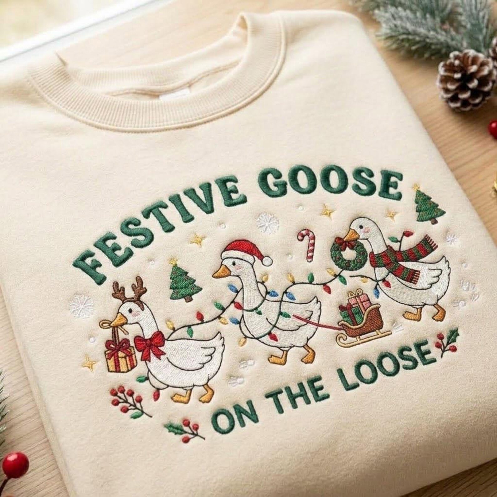 Christmas Goose Embroidered Sweatshirt, Festive Goose On The Loose Crewneck, Funny Holiday Goose Sweater, Goose Lover Gift 4