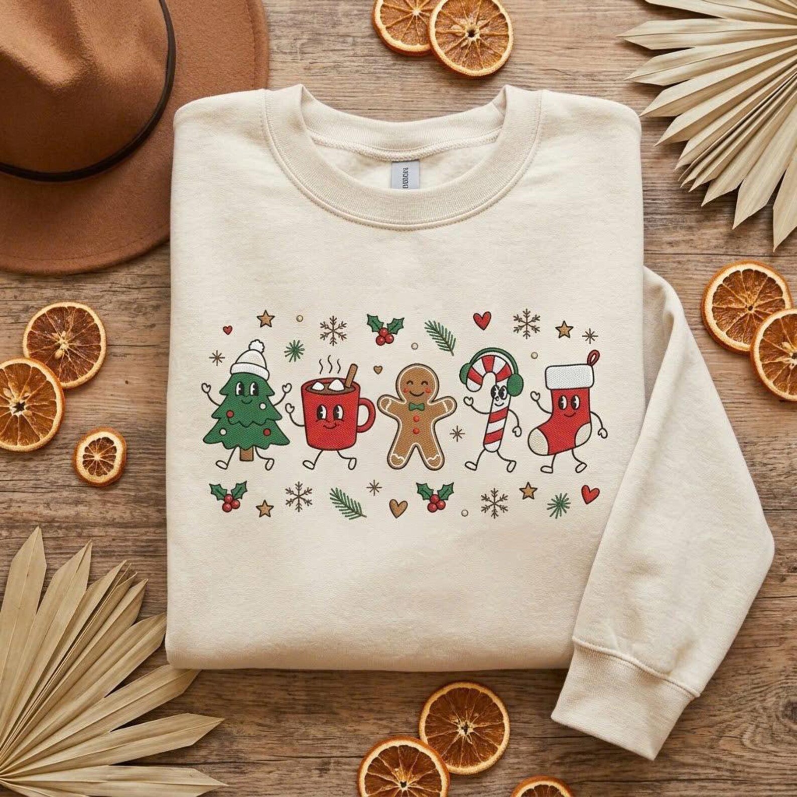 Cute Christmas Embroidered Sweatshirt, Christmas Tree Hot Cocoa Gingerbread Candy Cane Stocking Crewneck, Holiday Pullover 1