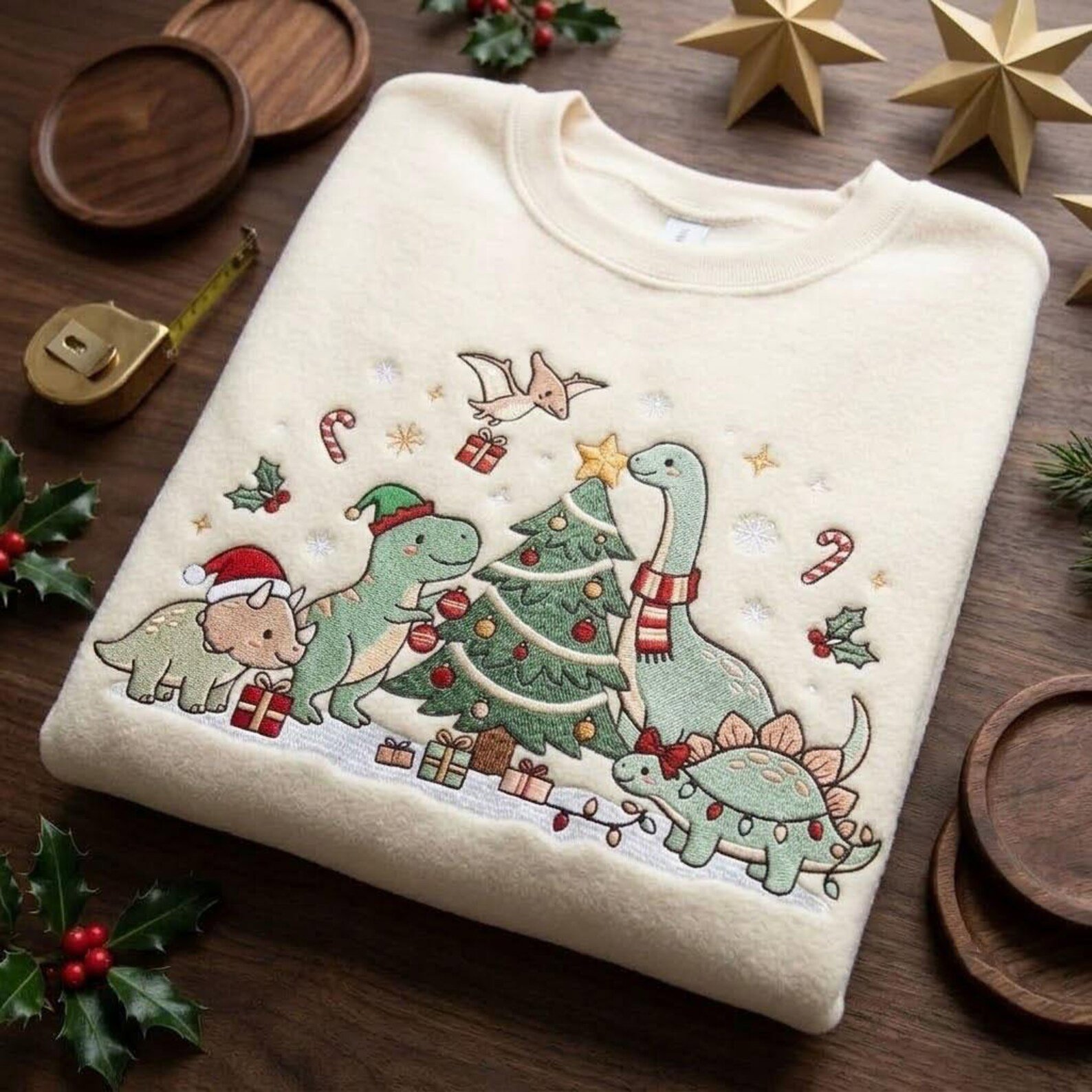 Cute Dinosaur Christmas Embroidered Sweatshirt, Festive Dino Tree Crewneck, T Rex Stegosaurus Holiday Christmas Gift 1