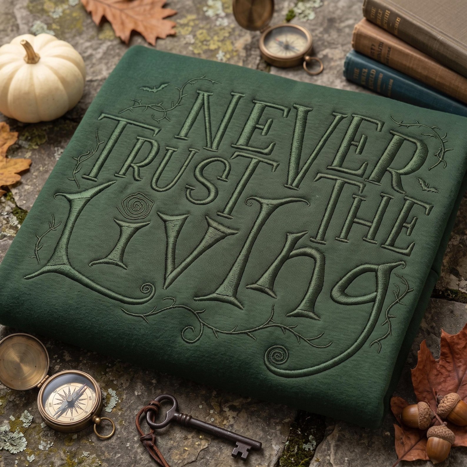Never Trust The Living Embroidered Sweatshirt, Gothic Halloween Quote Crewneck, Spooky Dark Academia Pullover, Horror Lover Gift 1