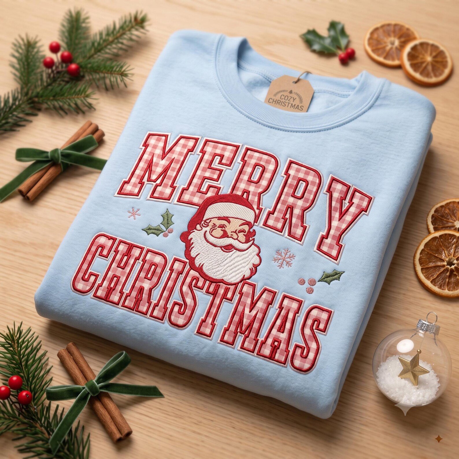 Merry Christmas Applique Sweatshirt, Santa Gingham Letter Crewneck, Vintage Christmas Pullover, Festive Holiday Sweatshirt Gift 1
