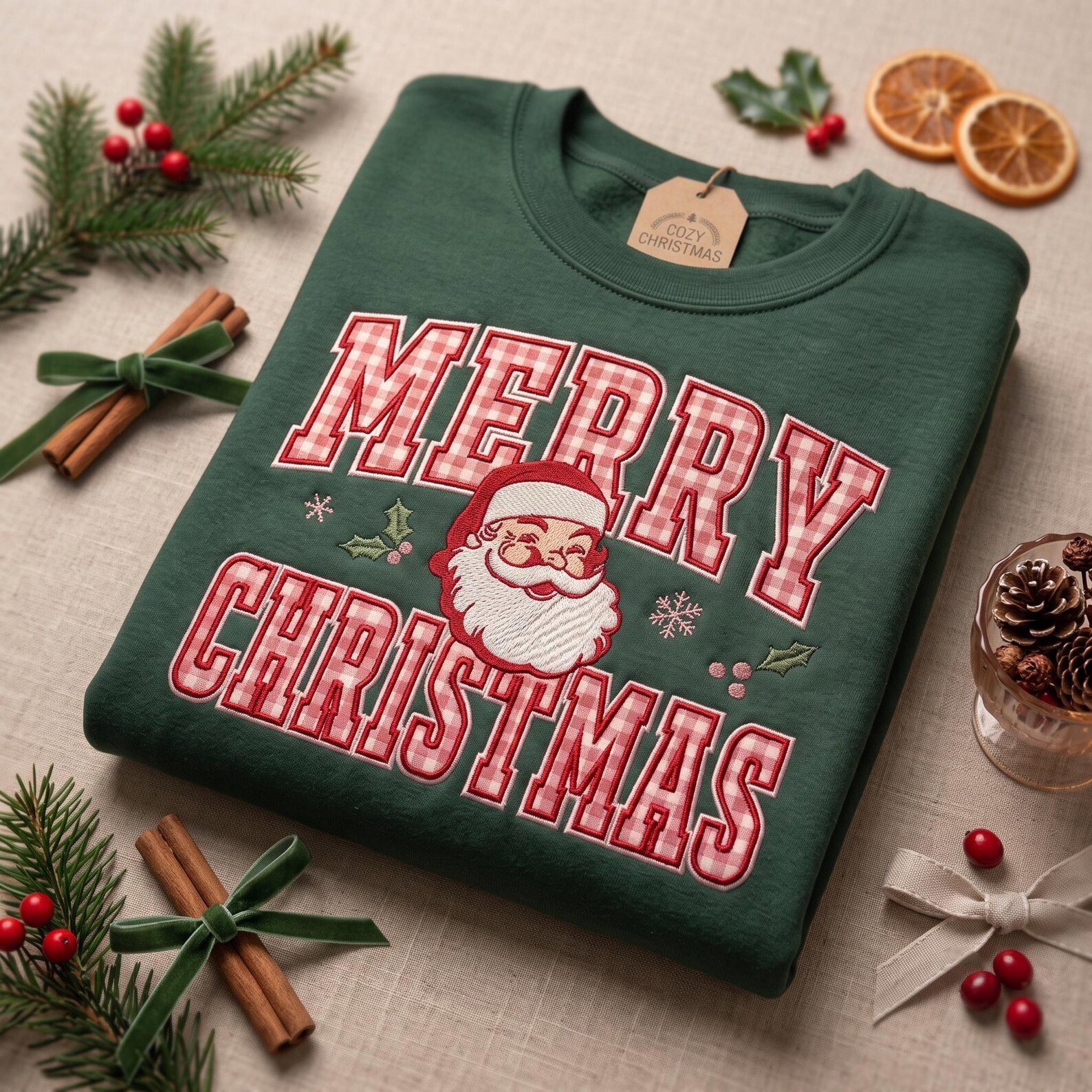 Merry Christmas Applique Sweatshirt, Santa Gingham Letter Crewneck, Vintage Christmas Pullover, Festive Holiday Sweatshirt Gift 2