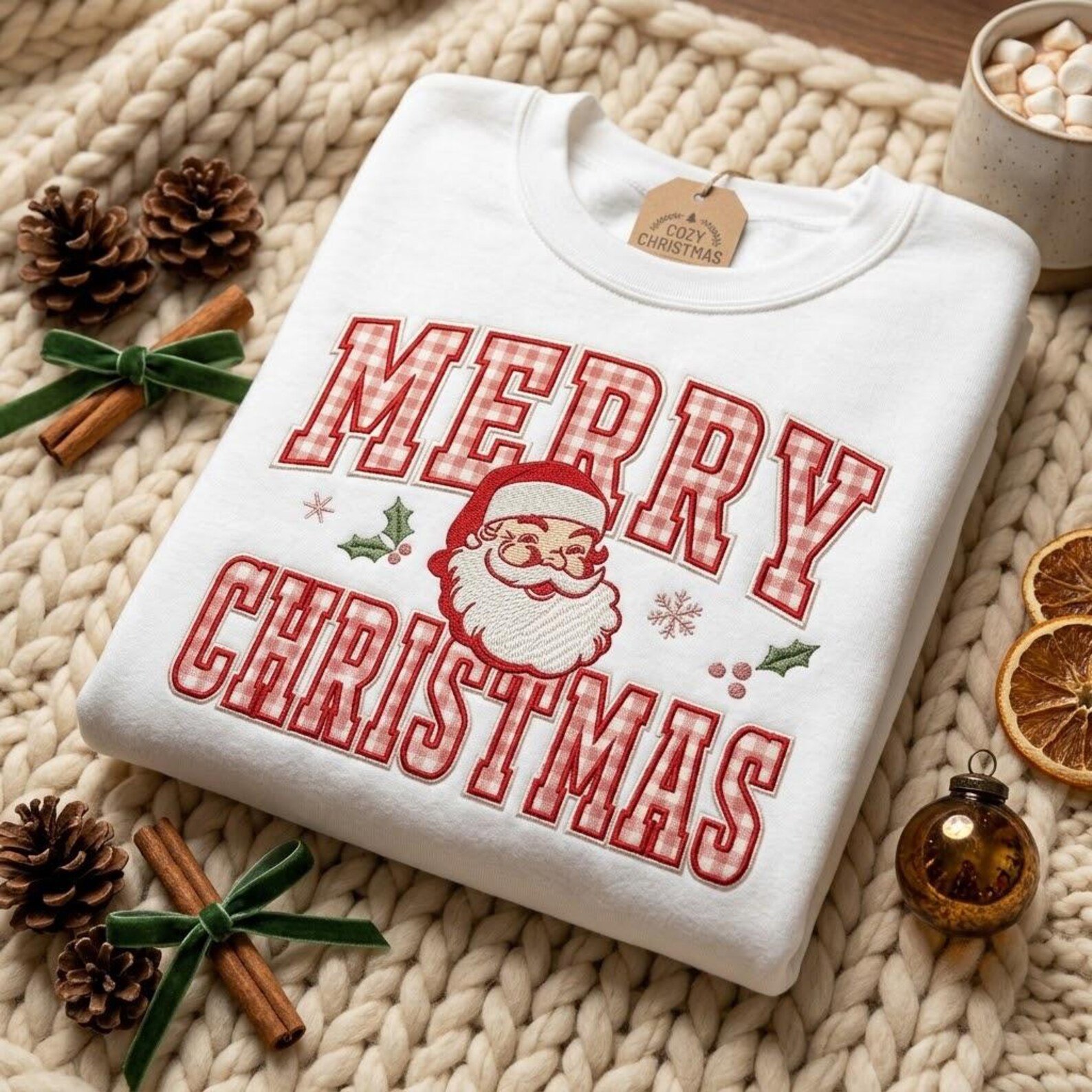 Merry Christmas Applique Sweatshirt, Santa Gingham Letter Crewneck, Vintage Christmas Pullover, Festive Holiday Sweatshirt Gift 3