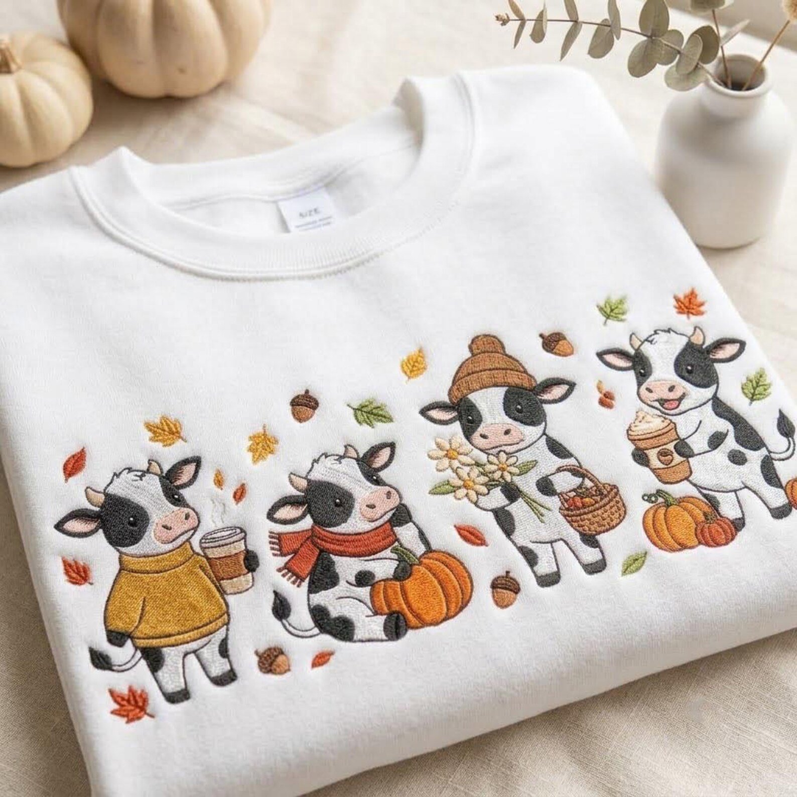 Fall Cow Embroidered Sweatshirt, Cute Pumpkin and Coffee Cow Crewneck, Cozy Autumn Farm Animal Sweater, Cow Lover Gift 1
