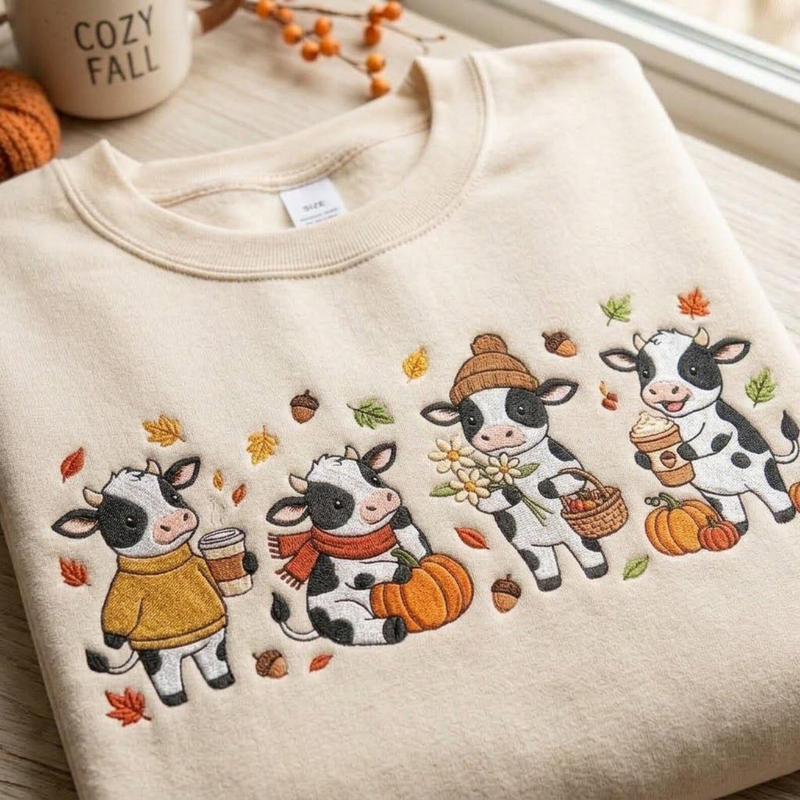 Fall Cow Embroidered Sweatshirt, Cute Pumpkin and Coffee Cow Crewneck, Cozy Autumn Farm Animal Sweater, Cow Lover Gift 2