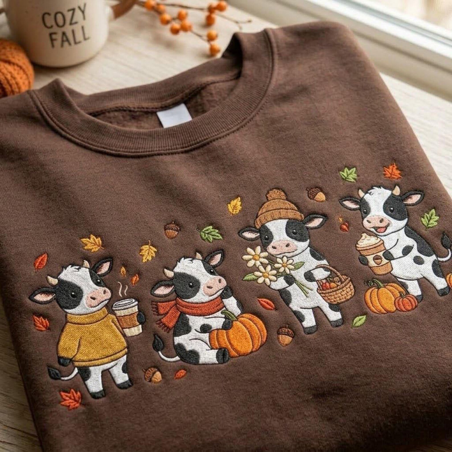 Fall Cow Embroidered Sweatshirt, Cute Pumpkin and Coffee Cow Crewneck, Cozy Autumn Farm Animal Sweater, Cow Lover Gift 3