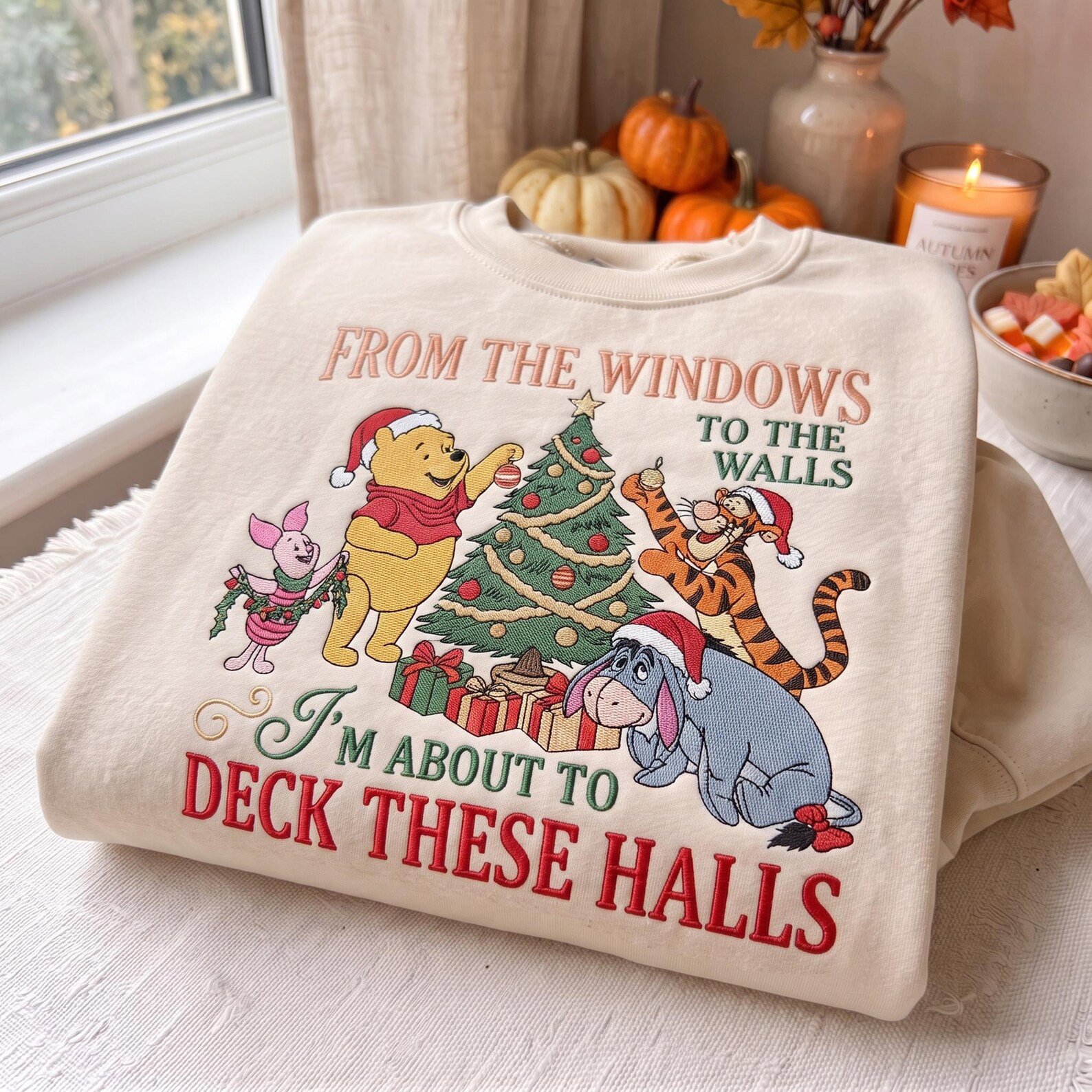 Winnie the Pooh Christmas Sweatshirt, Embroidered Deck These Halls Holiday Sweater, Pooh Bear Tigger Eeyore Piglet Shirt 3