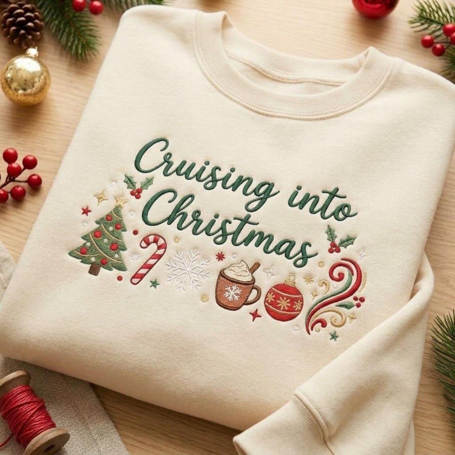 Cruising Into Christmas Sweatshirt, Embroidered Holiday Cruise Crewneck, Christmas Vacation Shirt, Cruise Trip Gift 1