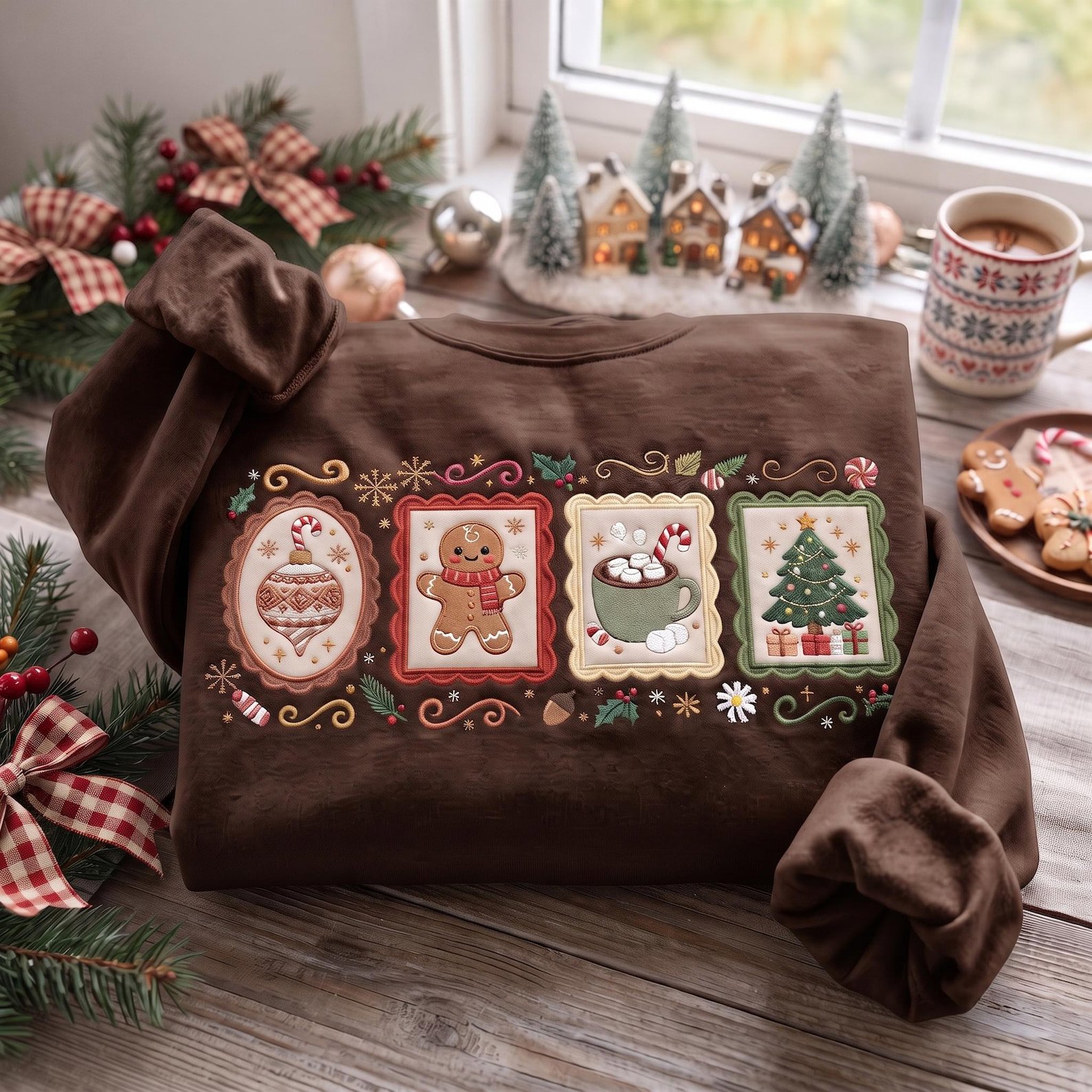 Vintage Christmas Embroidered Sweatshirt, Gingerbread Hot Cocoa Tree Ornament Crewneck, Cozy Holiday Icons Winter Pullover 1
