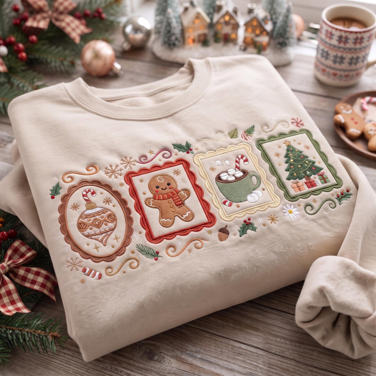Vintage Christmas Embroidered Sweatshirt, Gingerbread Hot Cocoa Tree Ornament Crewneck, Cozy Holiday Icons Winter Pullover 3