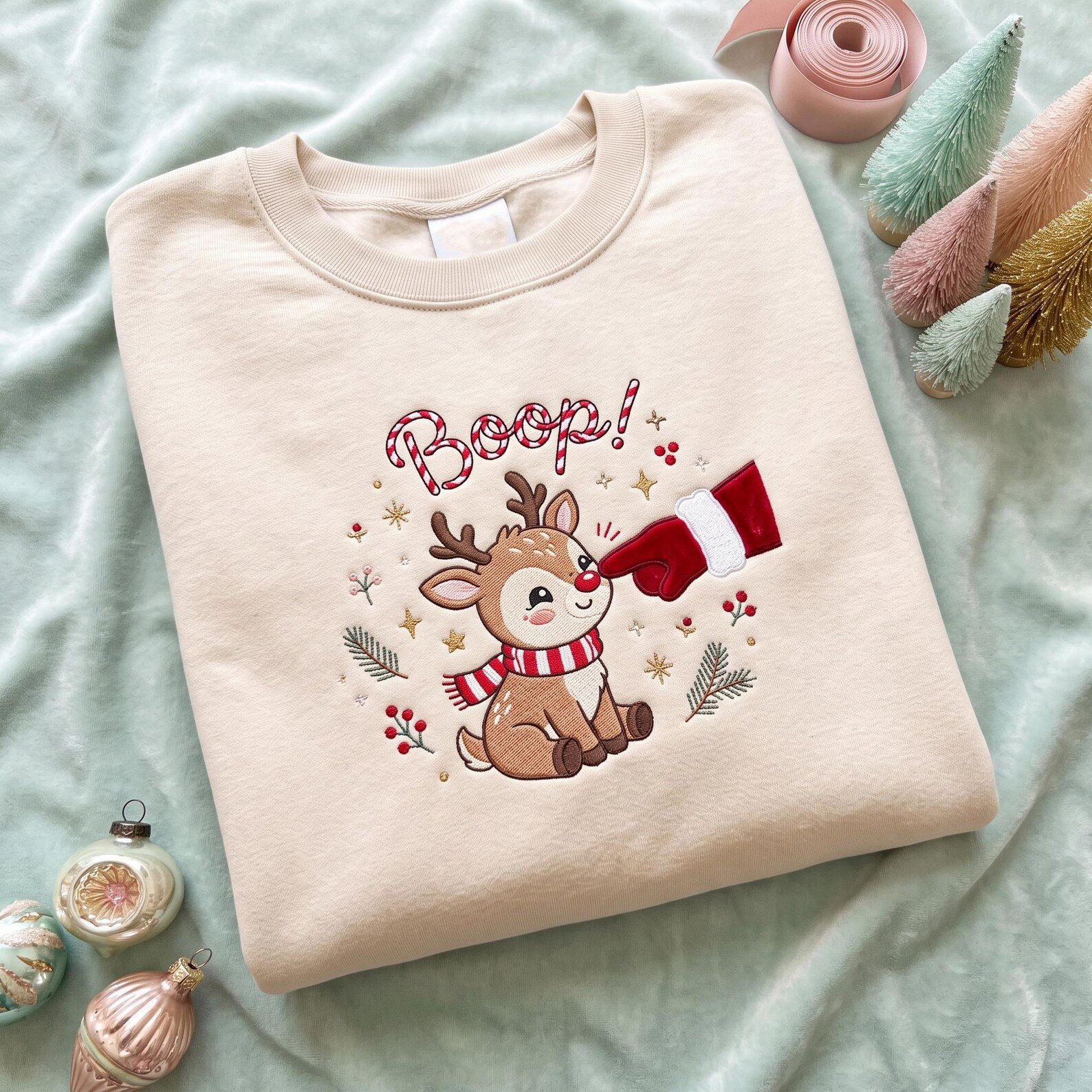 Boop Reindeer Embroidered Sweatshirt, Cute Christmas Reindeer Crewneck, Funny Rudolph Holiday Sweater, Christmas Gift 3