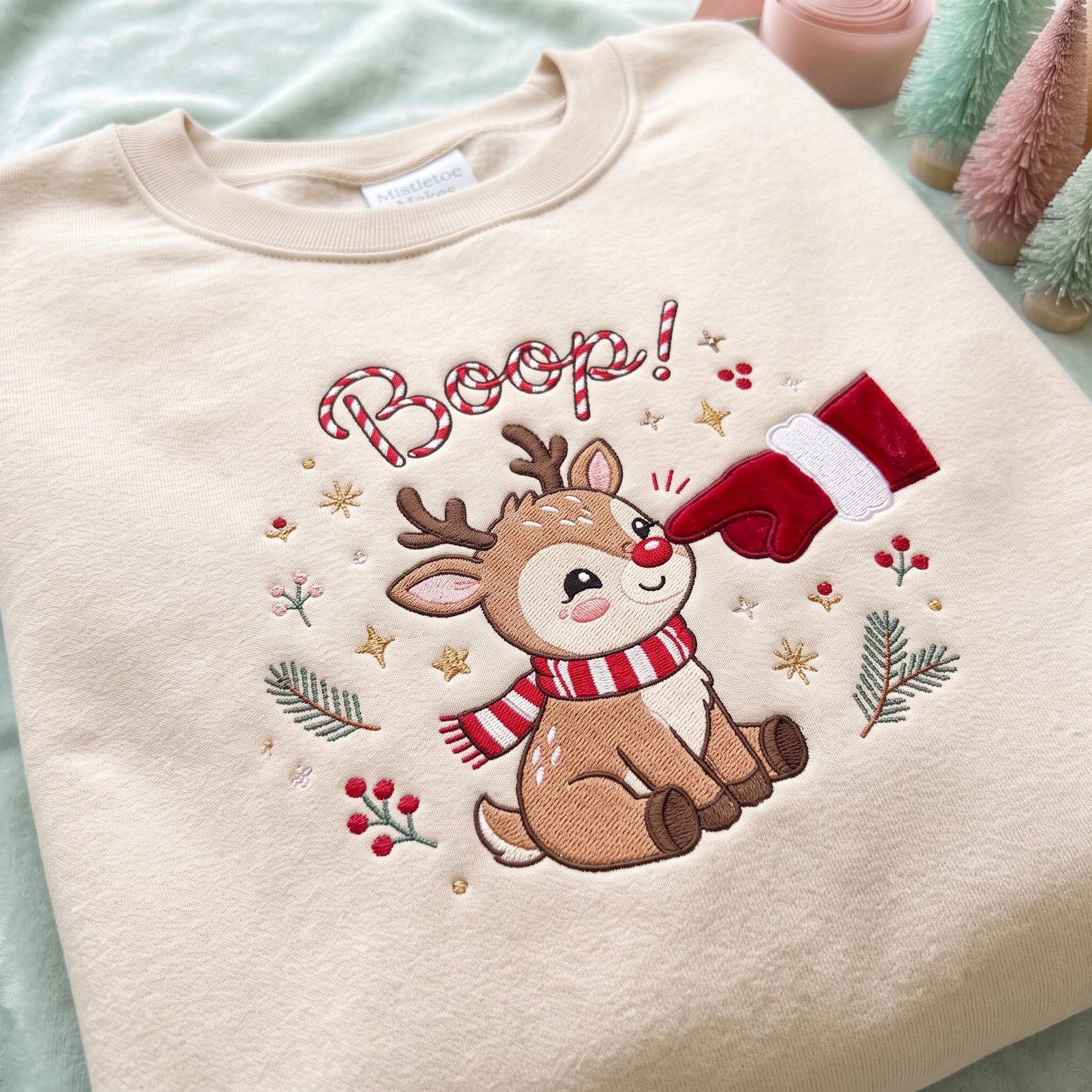 Boop Reindeer Embroidered Sweatshirt, Cute Christmas Reindeer Crewneck, Funny Rudolph Holiday Sweater, Christmas Gift 2