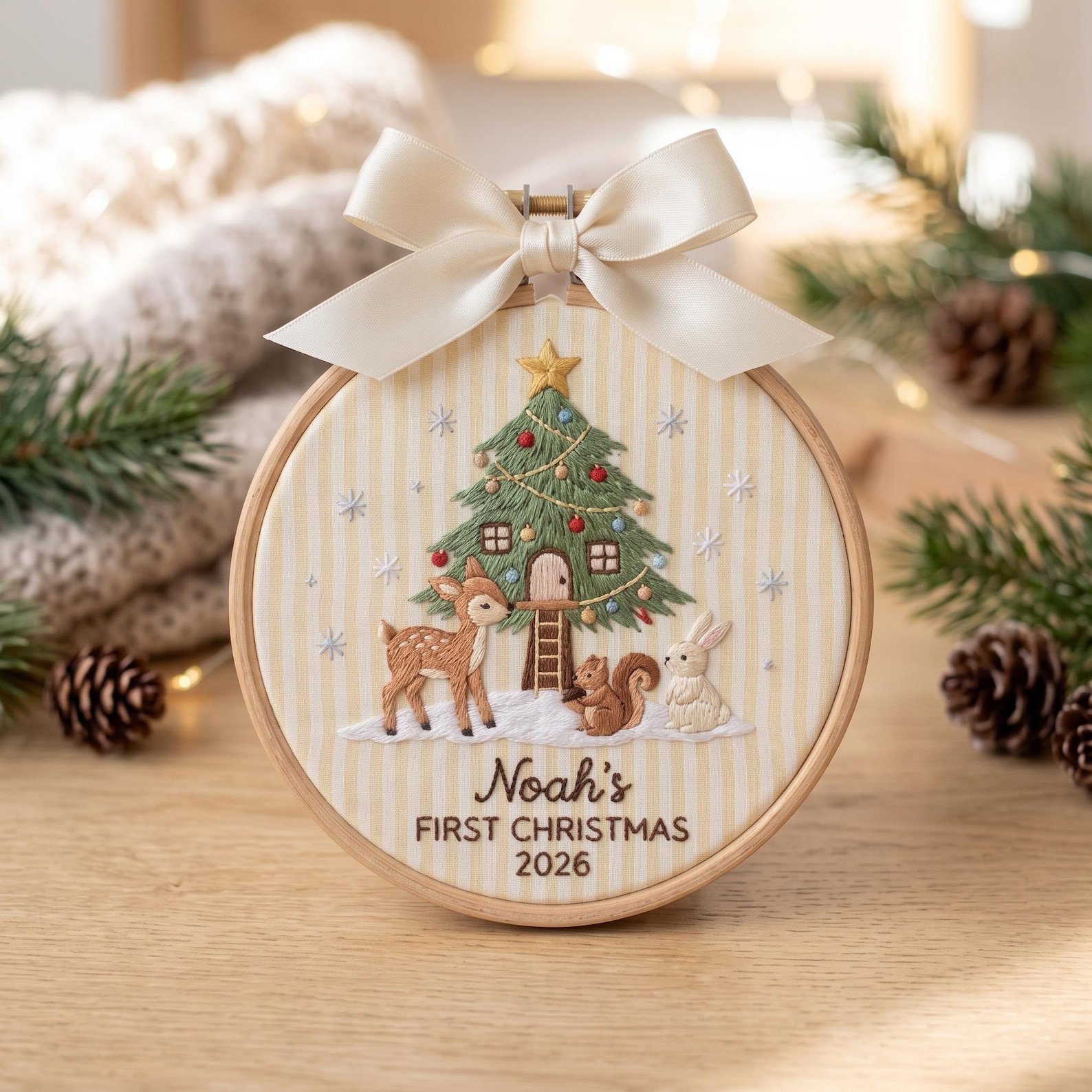 Baby First Christmas Embroidered Hoop, Personalized Name Christmas Ornament, Woodland Tree Nursery Keepsake Gift 2026 1